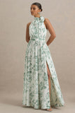 Talia Green Floral Print High Neck Maxi Dress With Front High Split