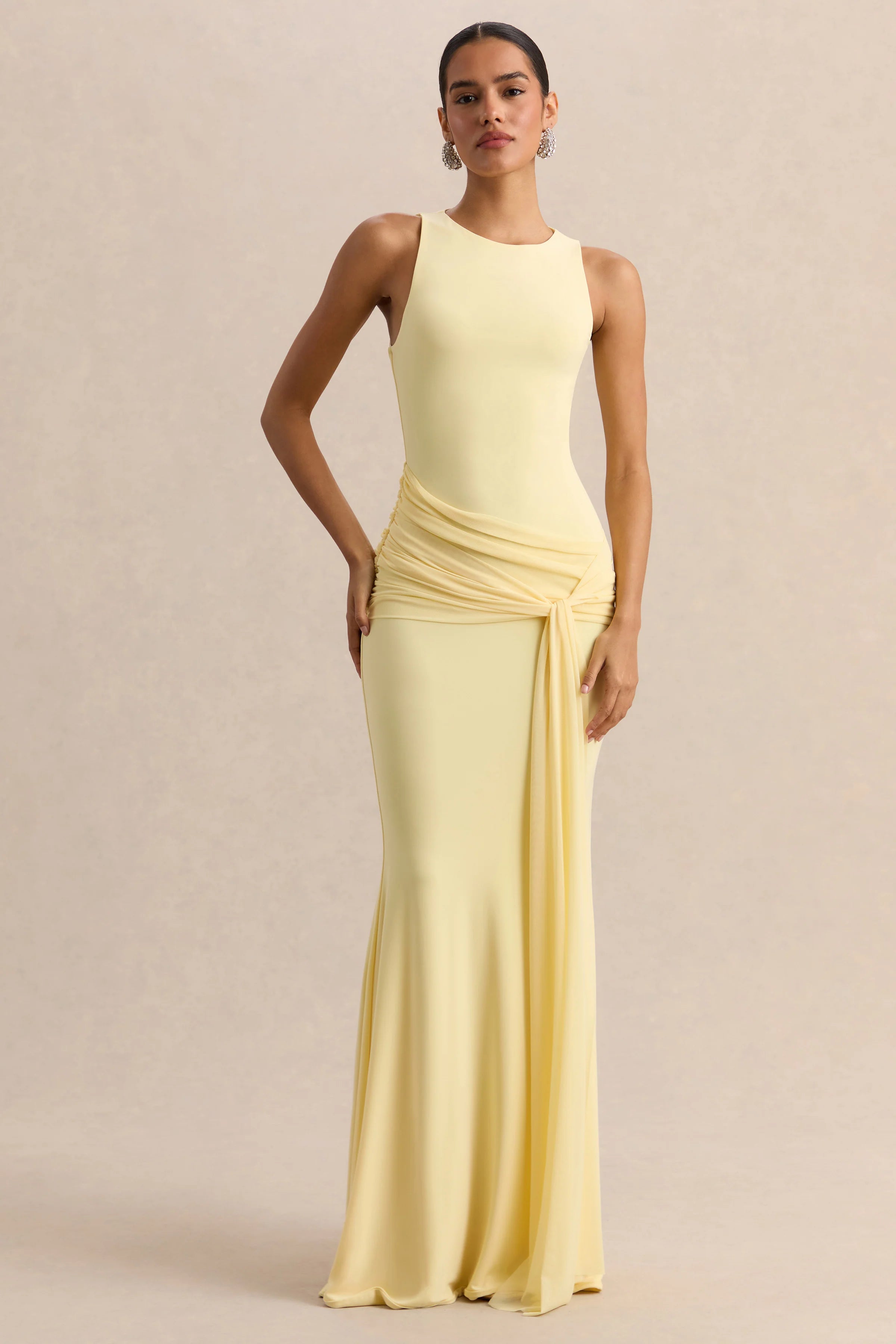 Mirene Lemon Round Neck Maxi Dress With Gathered Detailing And Sash