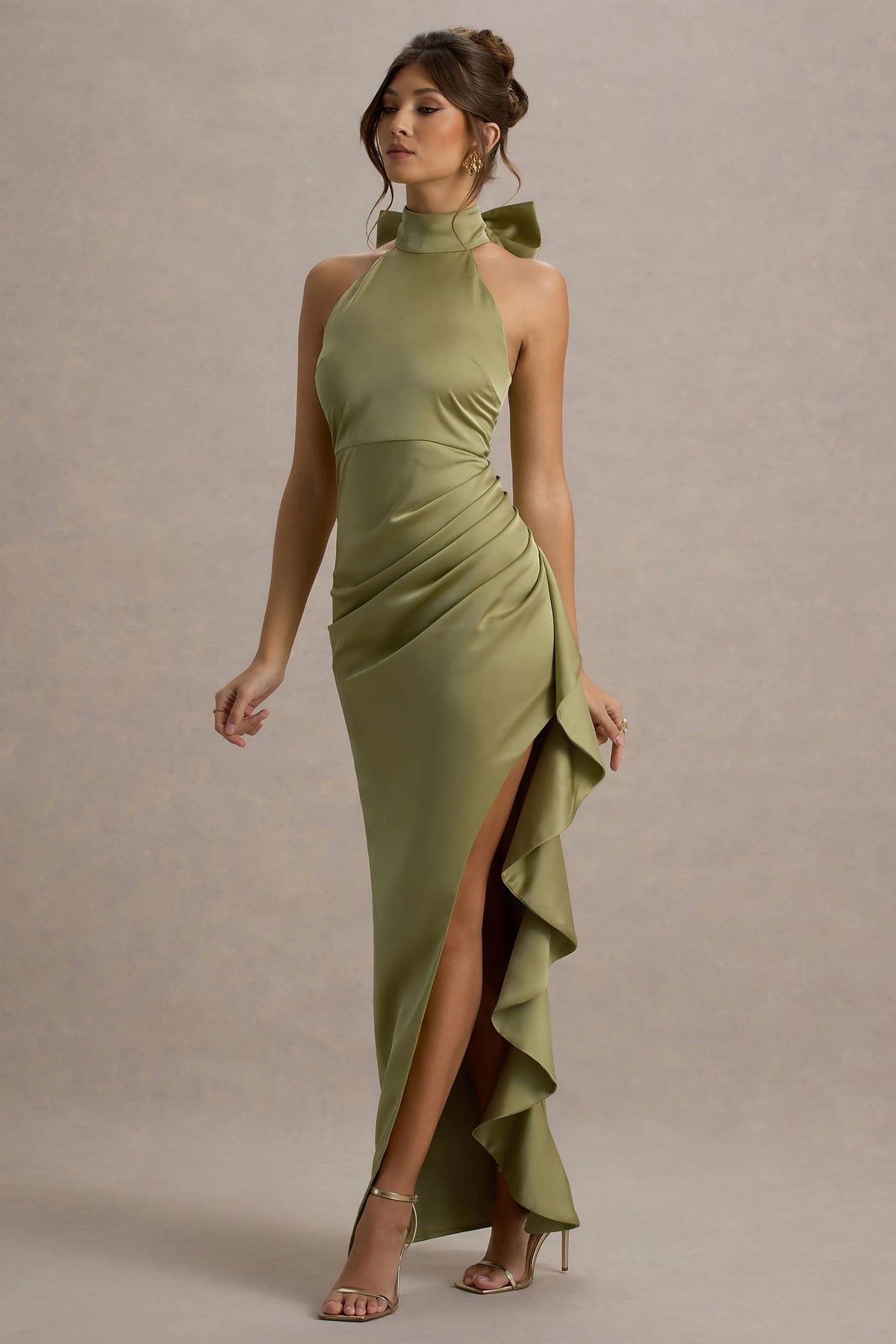 Maureen Light Green Satin High Neck Draped Maxi Dress