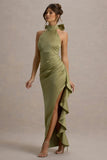 Maureen Light Green Satin High Neck Draped Maxi Dress