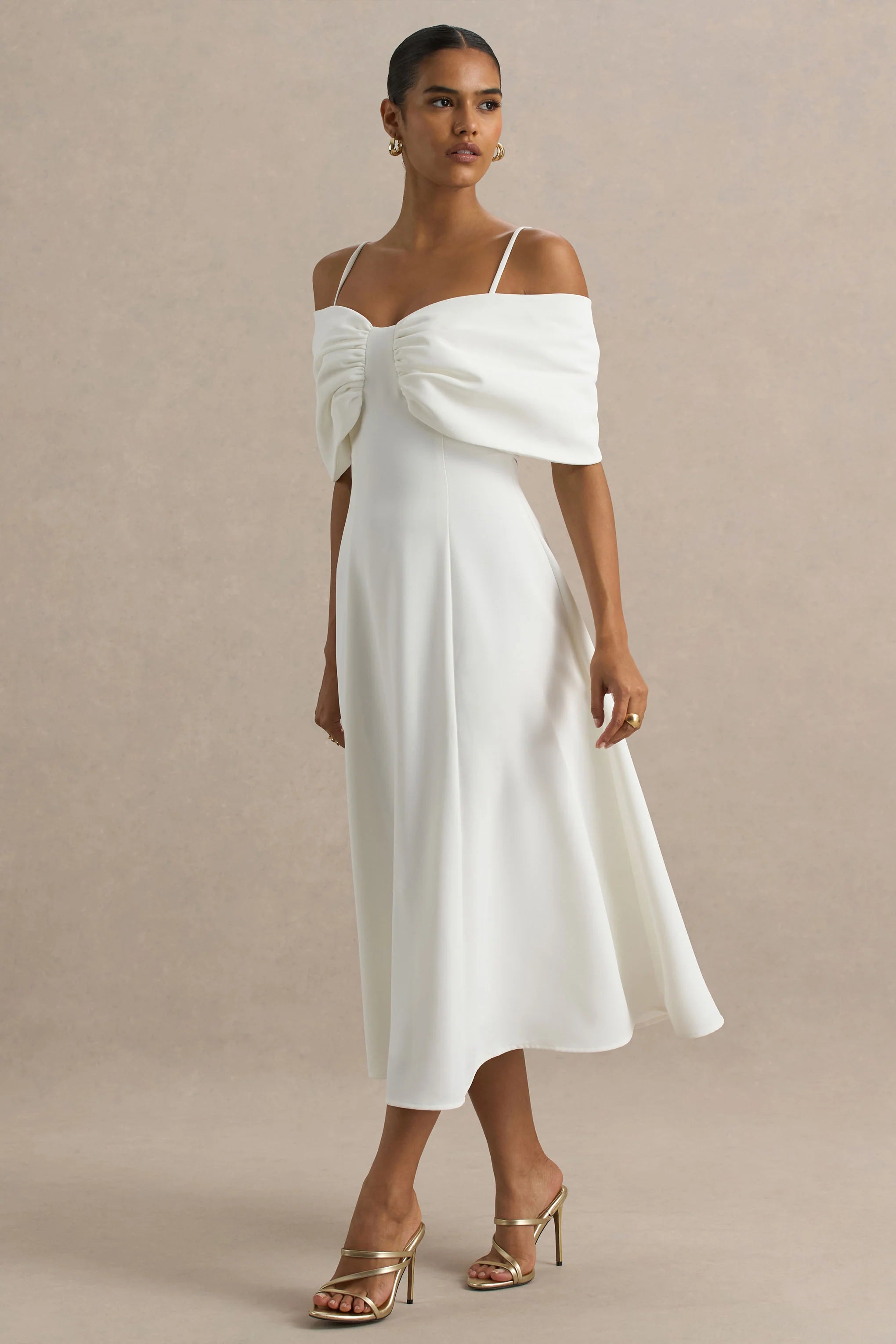 Hettie White Short Sleeve Bardot Midi Dress With Bow Detail