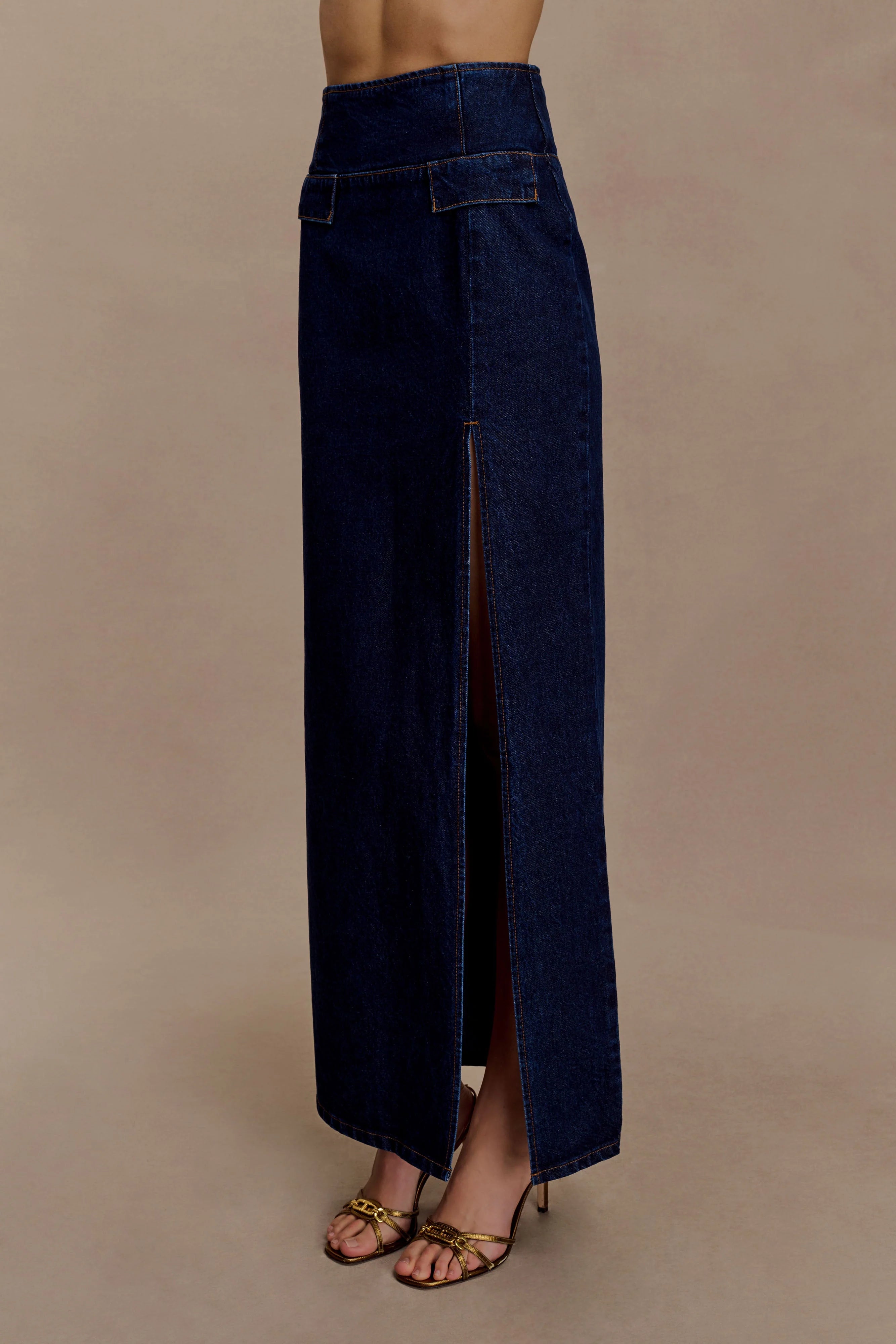 Maylena High Rise Denim Maxi Skirt Indigo Blue