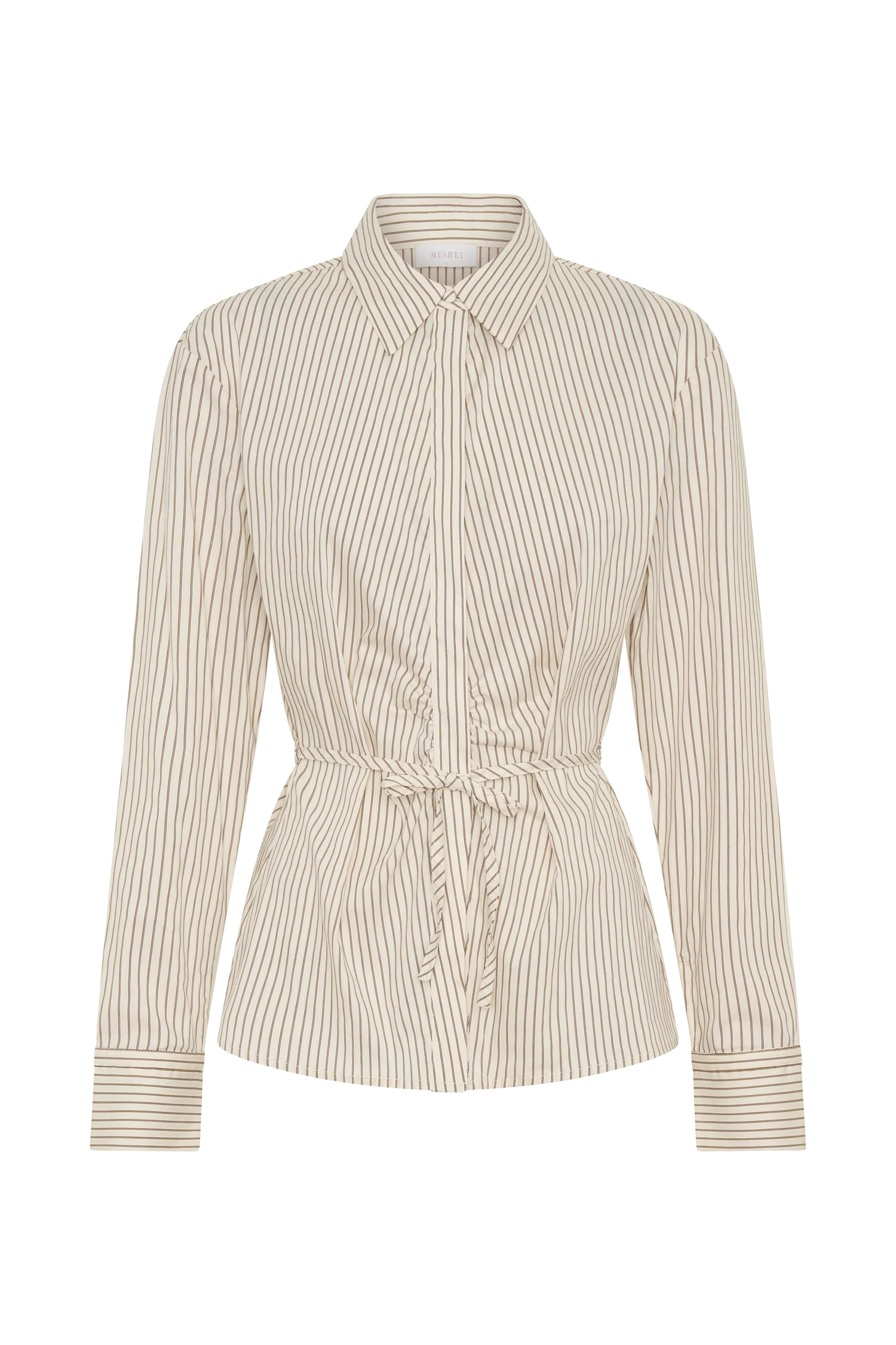 Millie Tie Back Cotton Shirt Beige Pinstripe