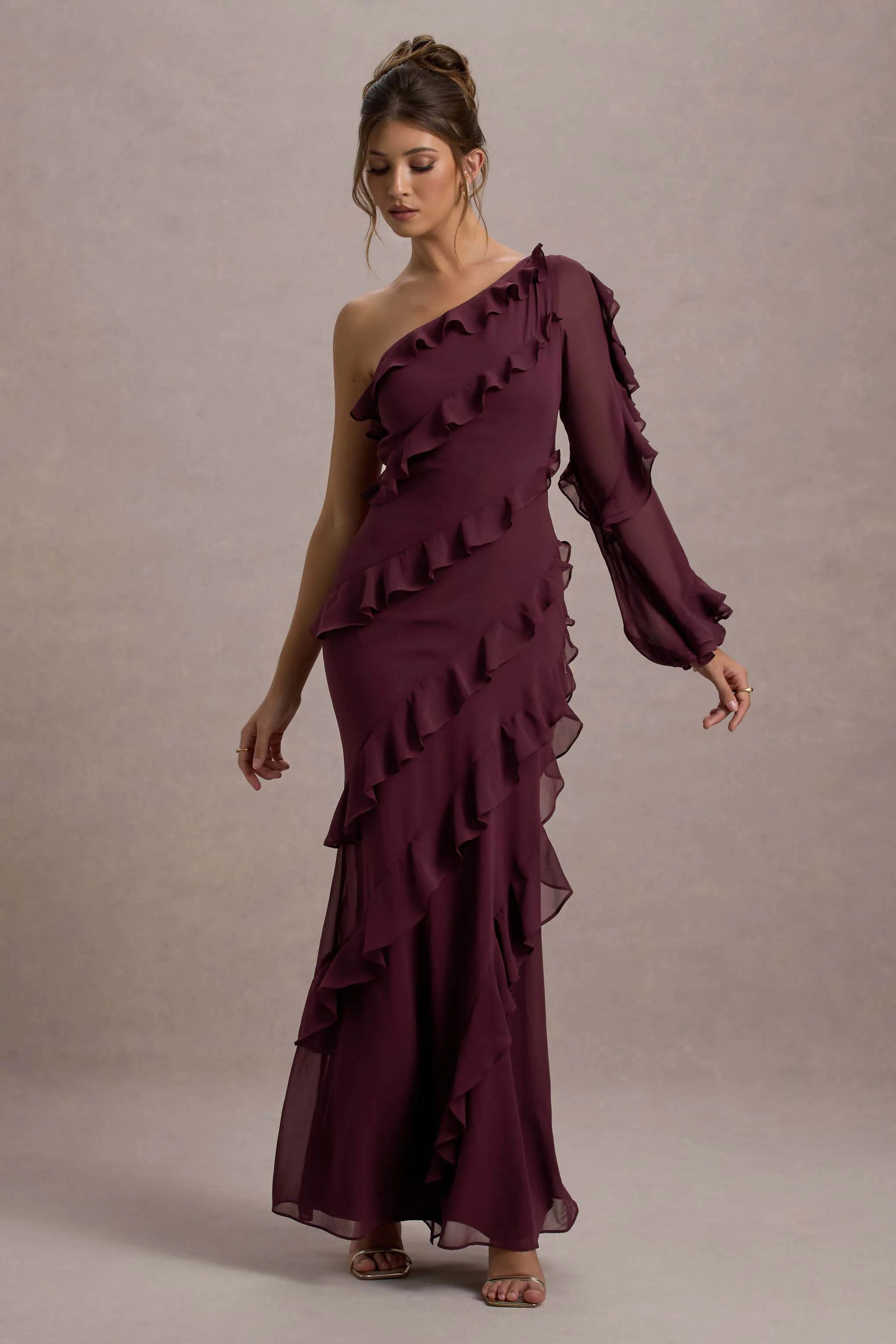 Lalika Burgundy Asymmetric One Sleeve Ruffle Maxi Dress