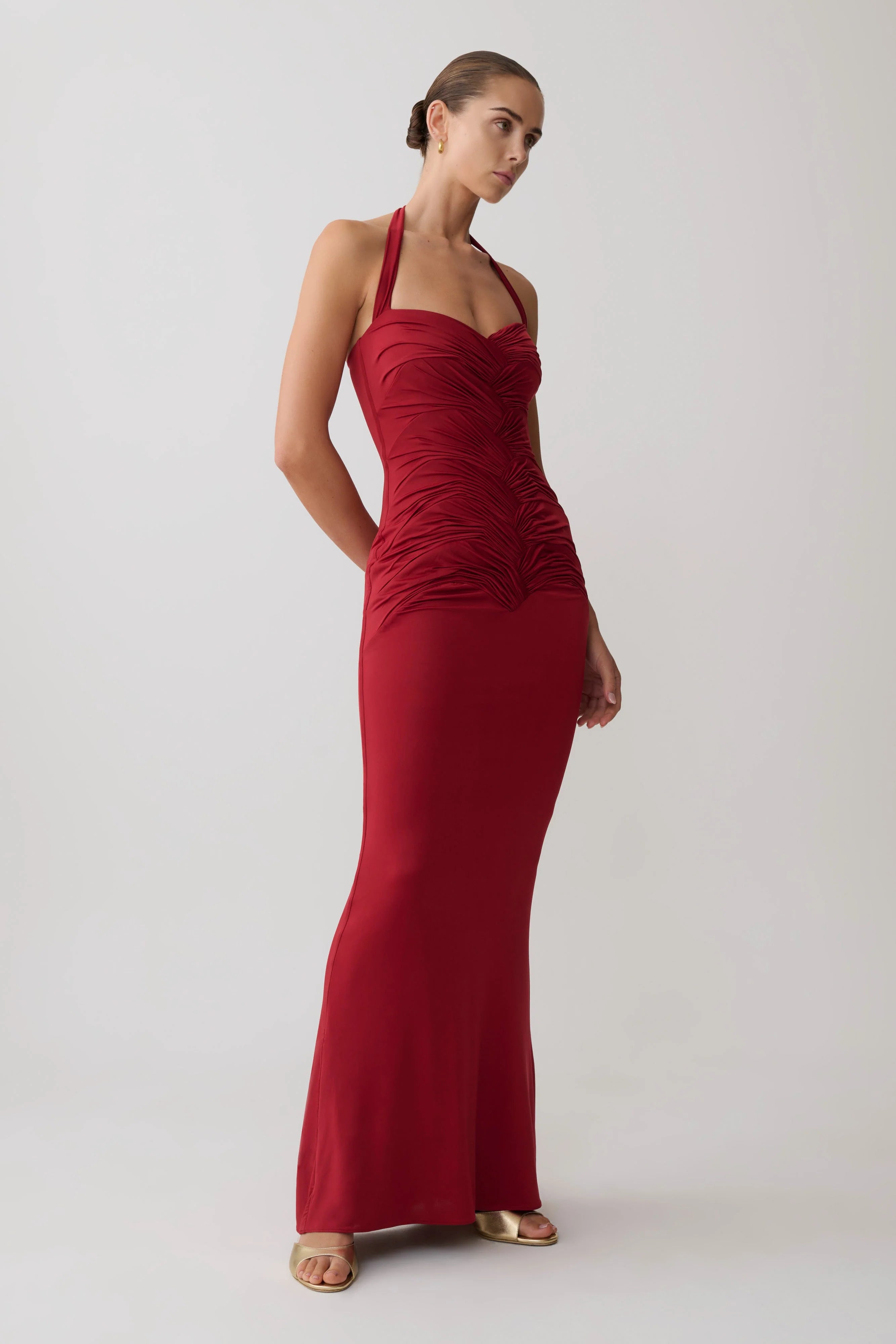 Hoai Gathered Slinky Halter Maxi Dress Deep Red