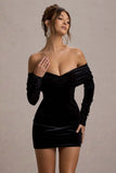 Gilda Black Velvet Bardot Long Sleeve Mini Dress