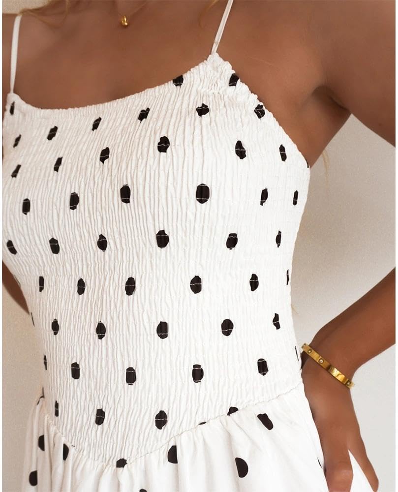 Women Polka Dot Maxi Dress Smocked Spaghetti Strap Flowy Sundress Summer Beach Vacation