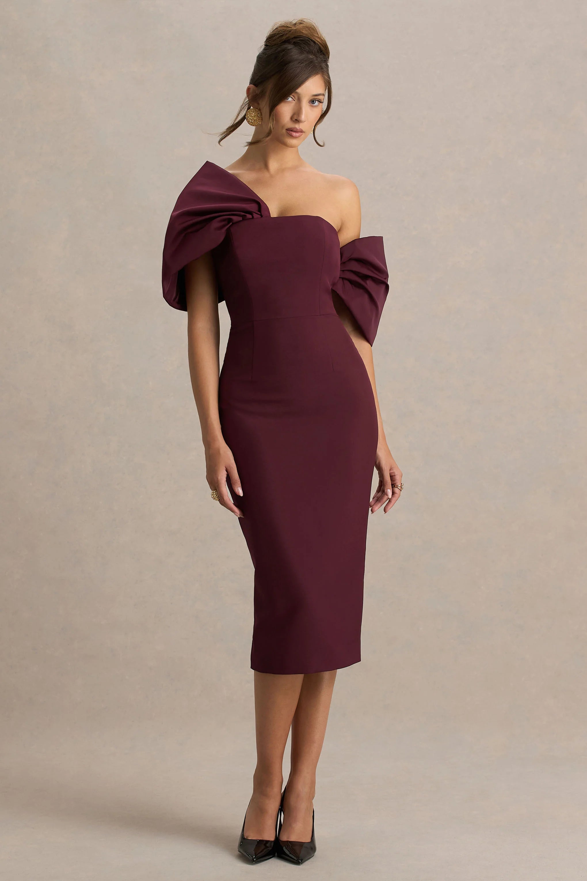 Lucille Burgundy Asymmetric Bardot Midi Dress With Bow Detail