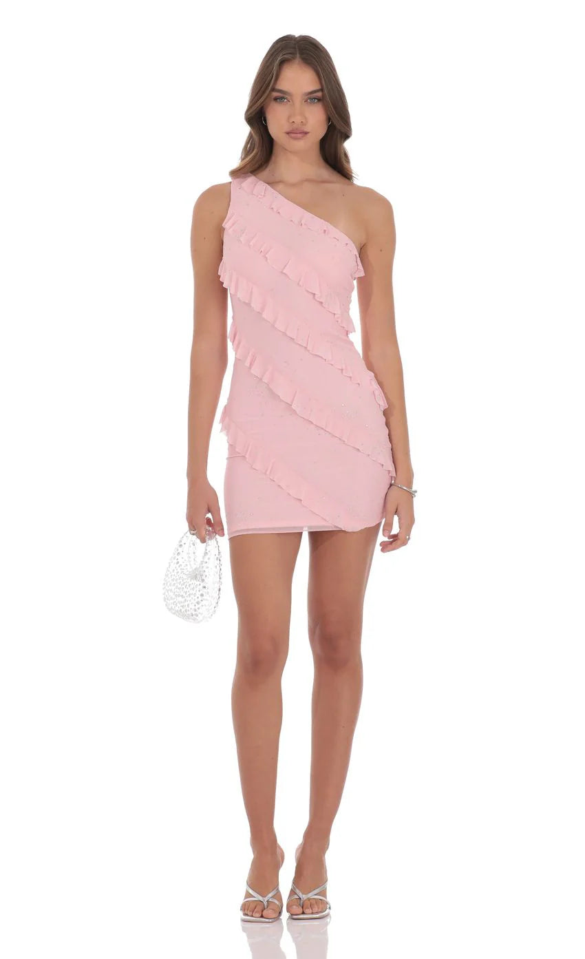 Ruffle Rhinestone One Shoulder Dress in Pink