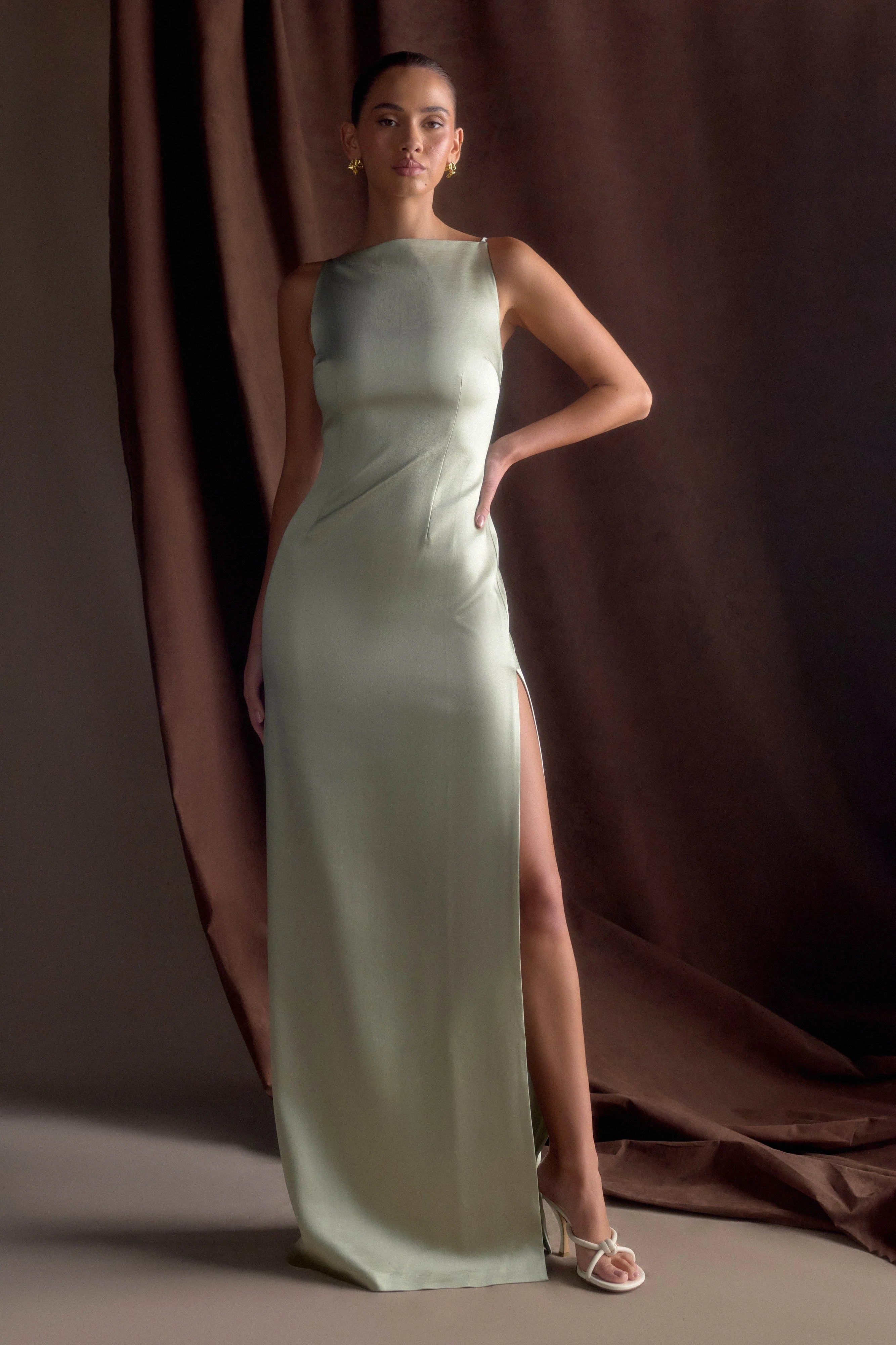 Violet Sleeveless Satin Maxi Dress Sage