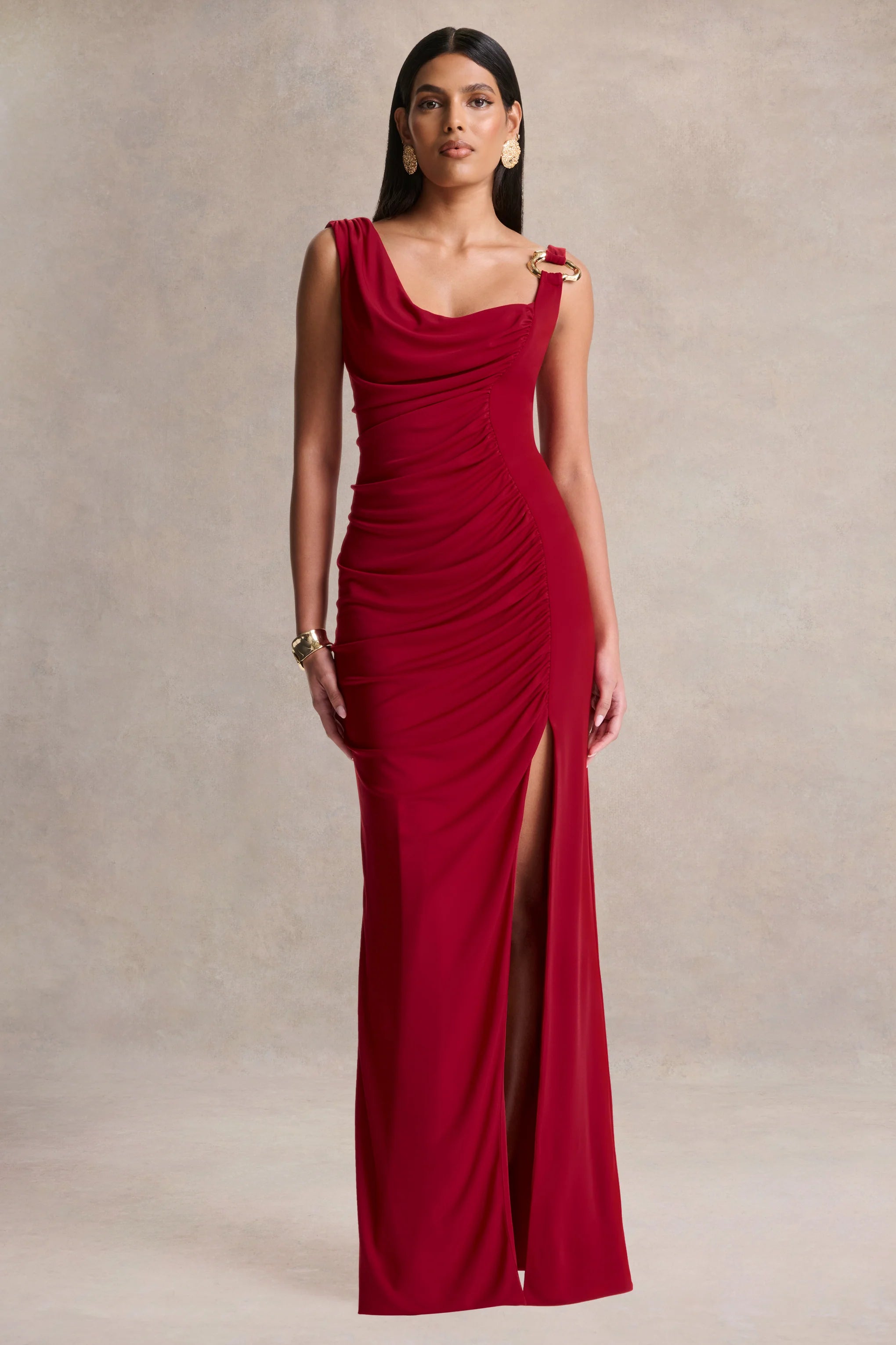 Vesperelle Red Scoop Neck Maxi Dress With Gathered Detailing