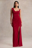 Vesperelle Red Scoop Neck Maxi Dress With Gathered Detailing
