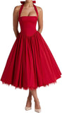 Women Halter Midi Dress Corset Back Layered Tulle Skirt A Line Formal Dresses Wedding Guest Bridal Shower