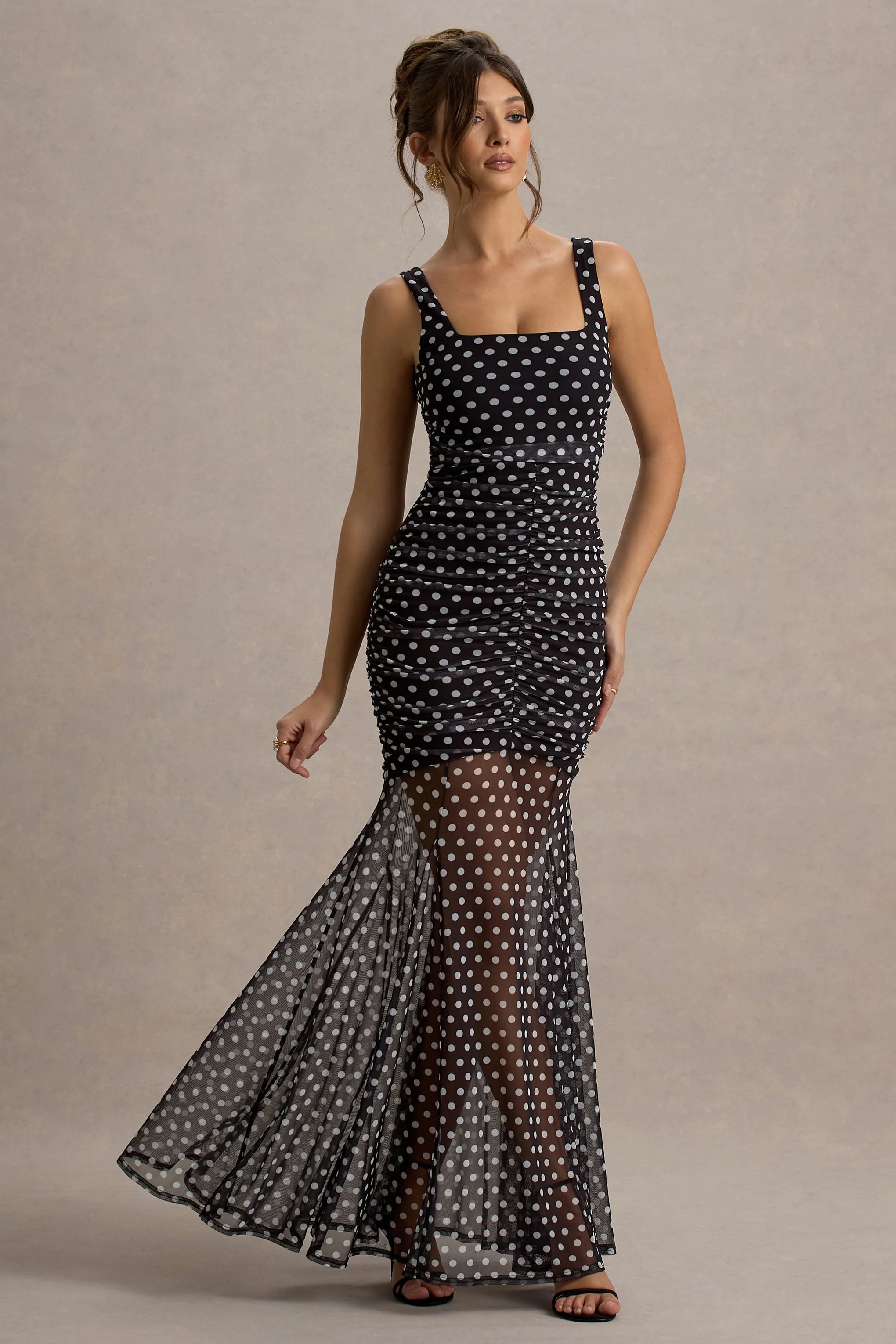 Galaxia Black White Polka Dot Maxi Dress With Mesh Skirt