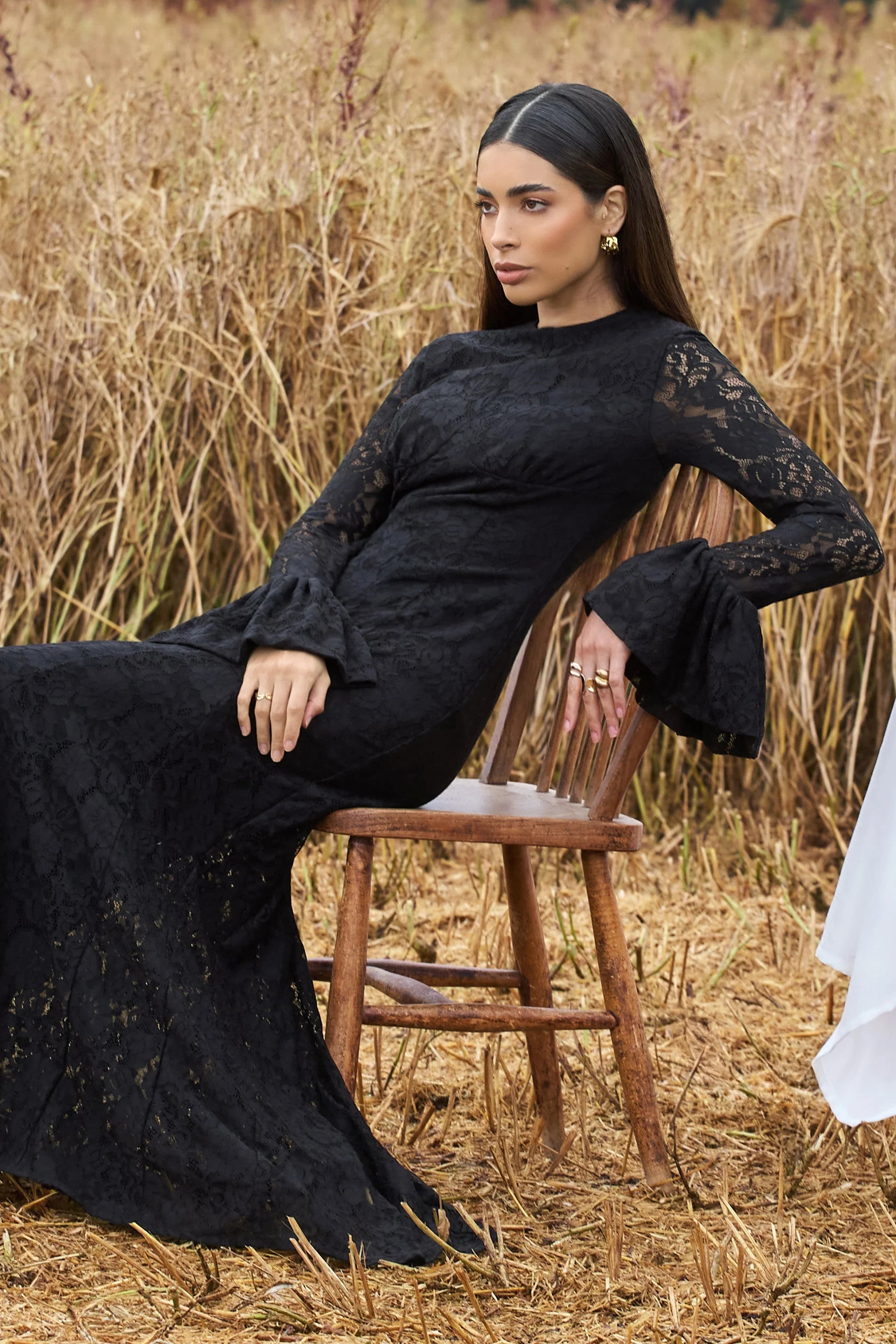 For Life Black Lace Long Sleeve Midi Dress