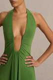 Hera Green Extreme Plunge Maxi Dress With Ruched Detail