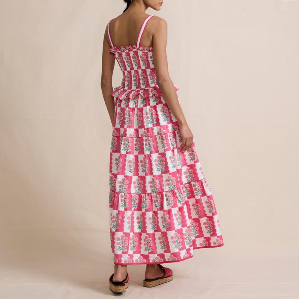 Women Floral Maxi Dress Sleeveless Smocked Ruffle Flowy Boho Sundress with Pockets Summer Vacation