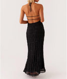 Women Backless Dress Sleeveless Textured Halter Open Back Maxi Dresses Vacation Wedding Guest