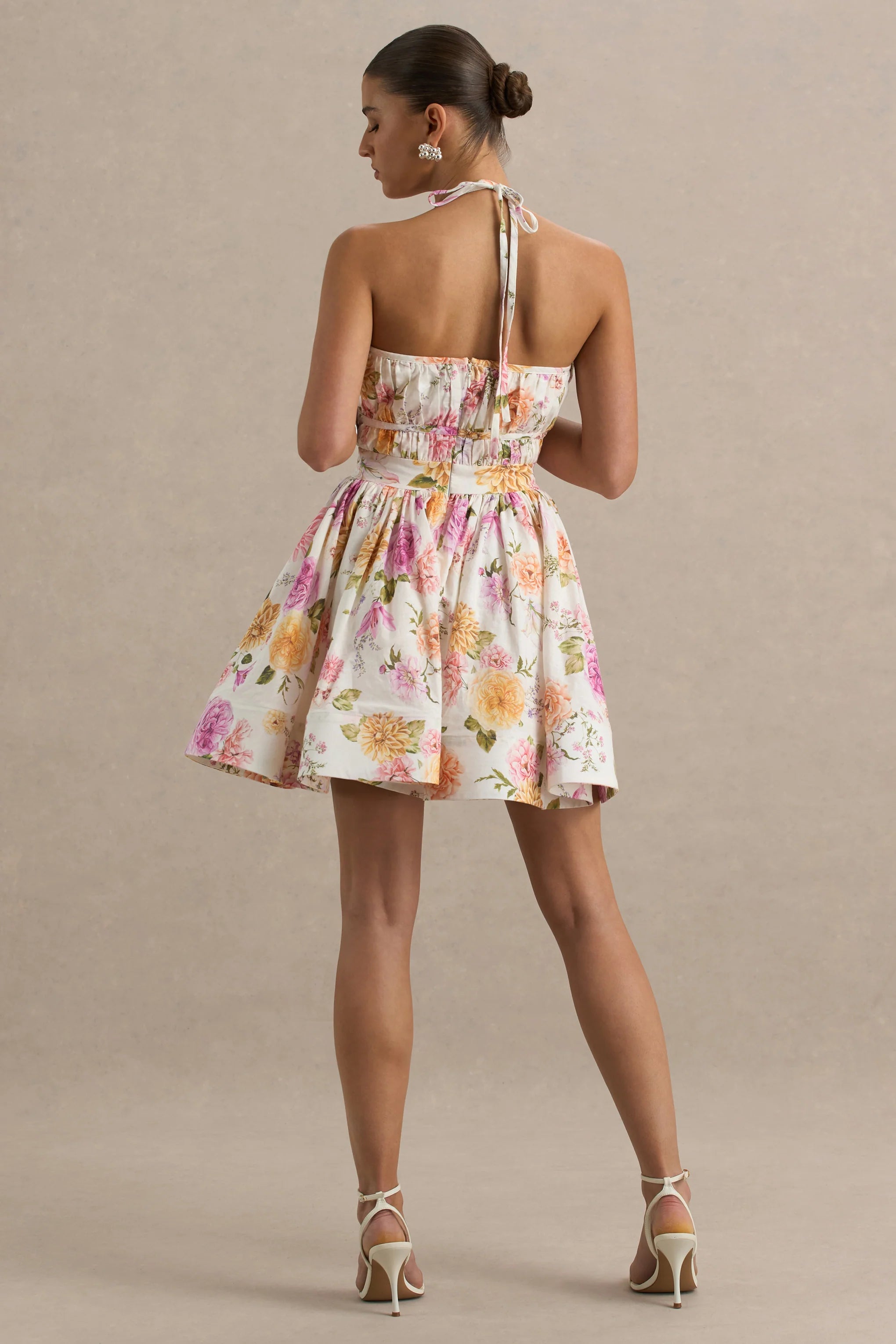 Kasey Cream Floral Print Halter Neck Mini Dress With Ruffle Detail