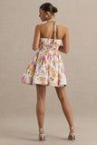 Kasey Cream Floral Print Halter Neck Mini Dress With Ruffle Detail