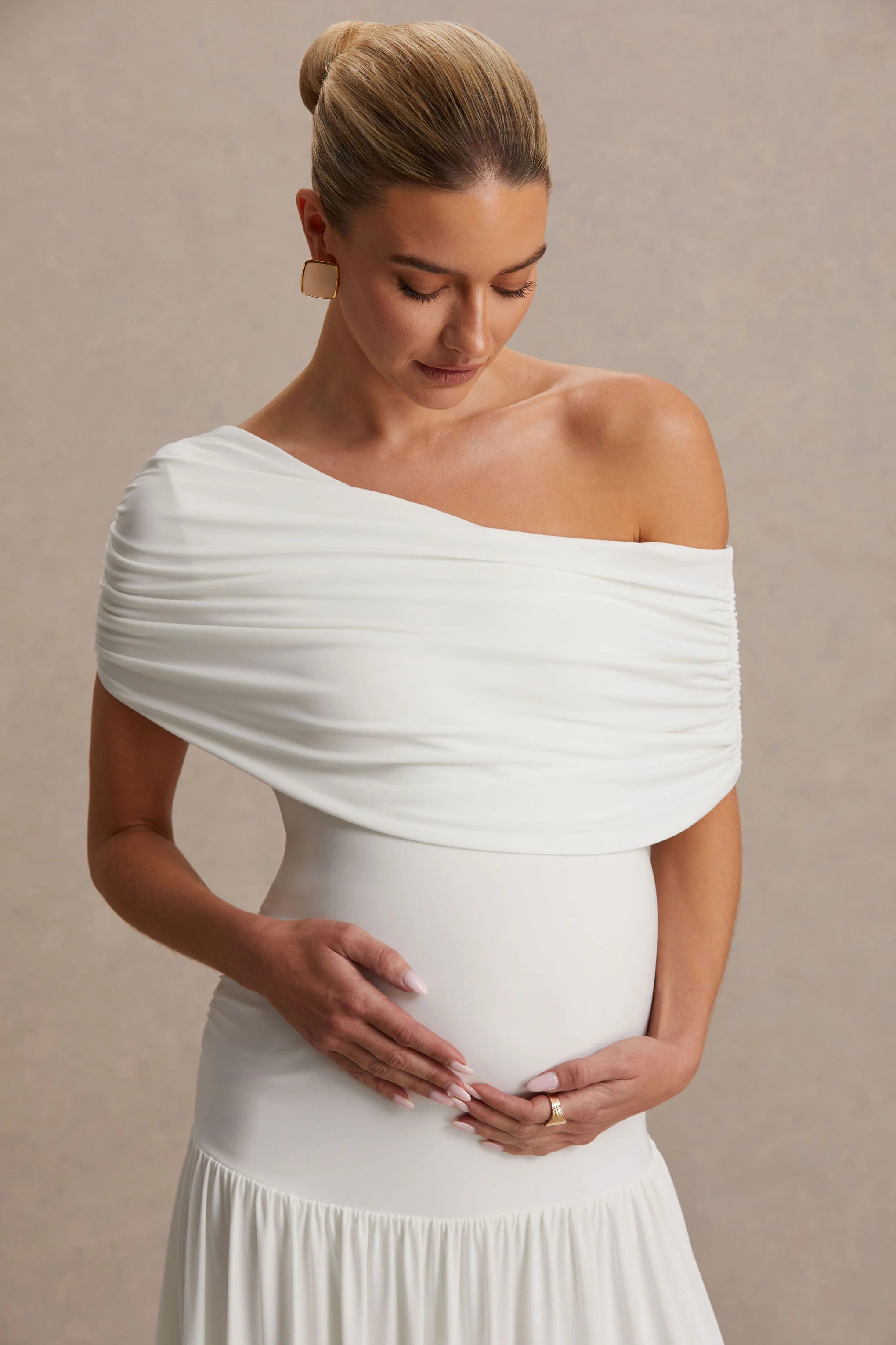 Noah White Asymmetric Neck Maternity Maxi Dress With Drop Waist