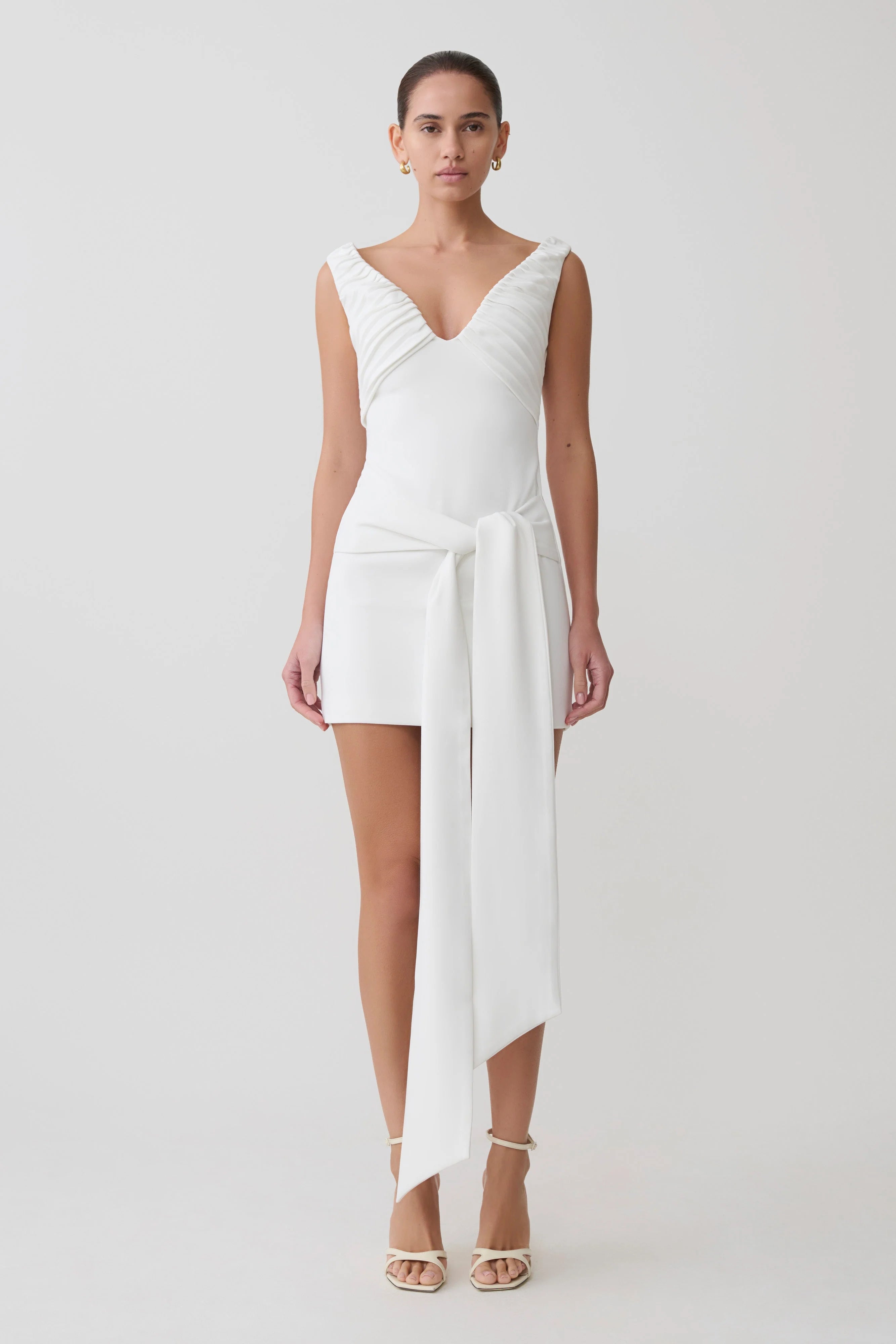 Runa Off Shoulder Mini Dress With Waist Tie White