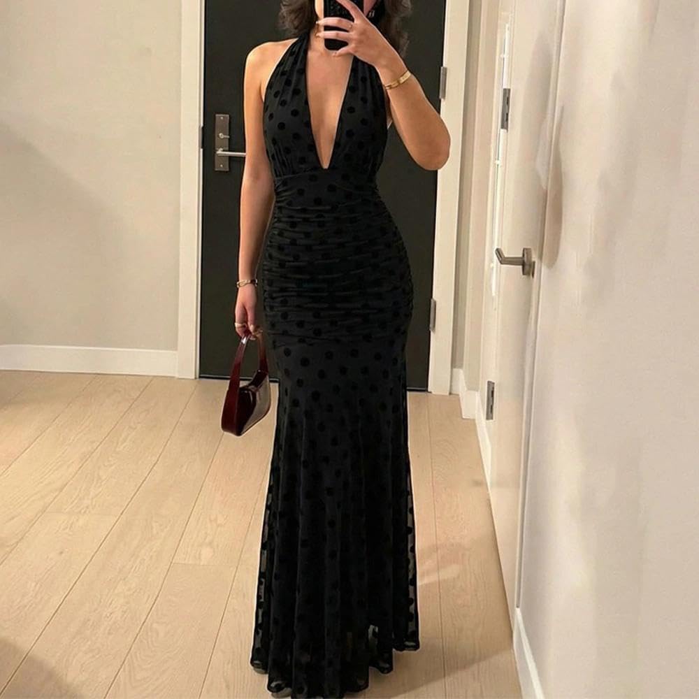 Women Polka Dot Mesh Maxi Dress Deep V Neck Halter Backless Dress Cocktail Wedding Guest