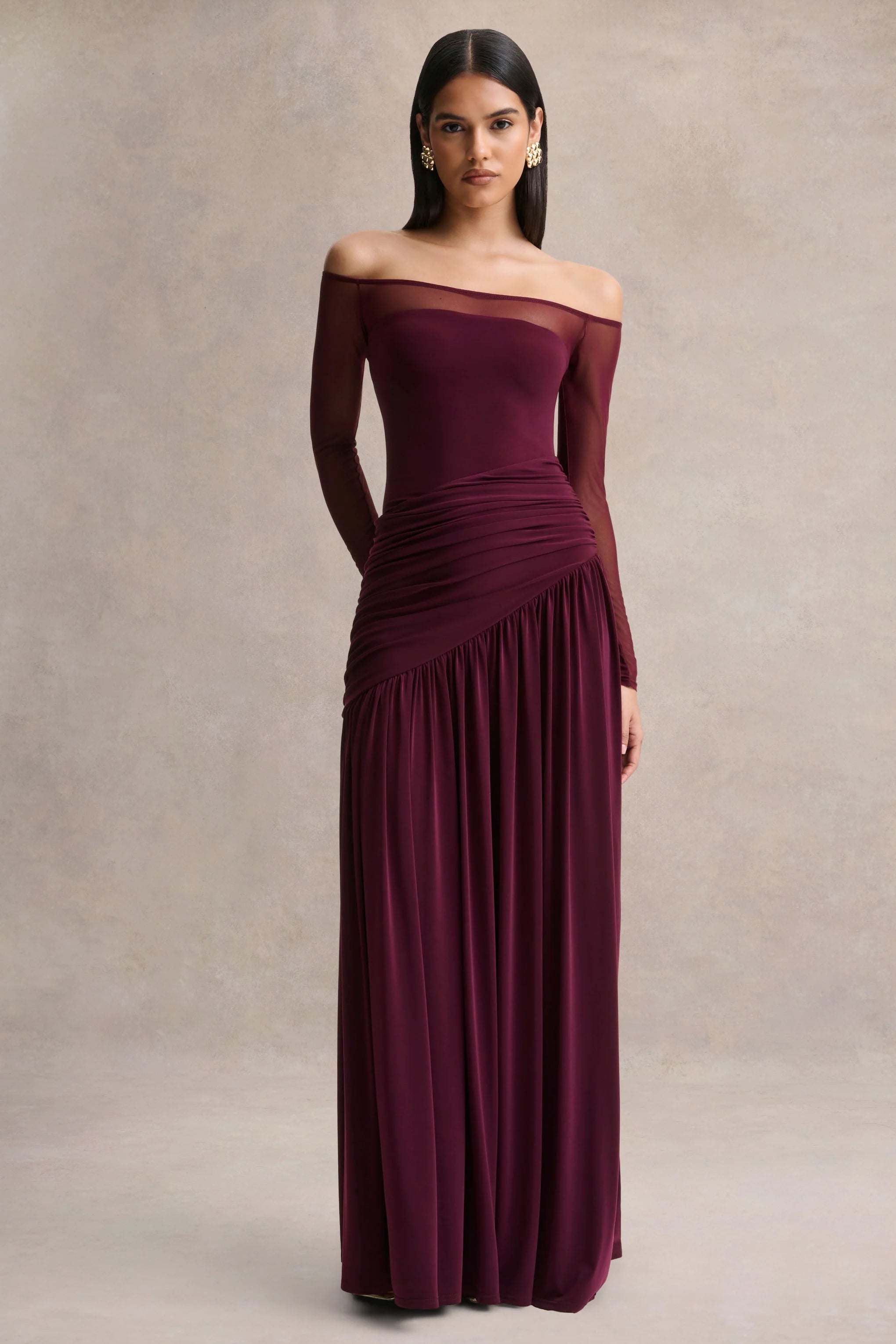 Luminary Dark Plum Bardot Neck Maxi Dress With Mesh Sleeves