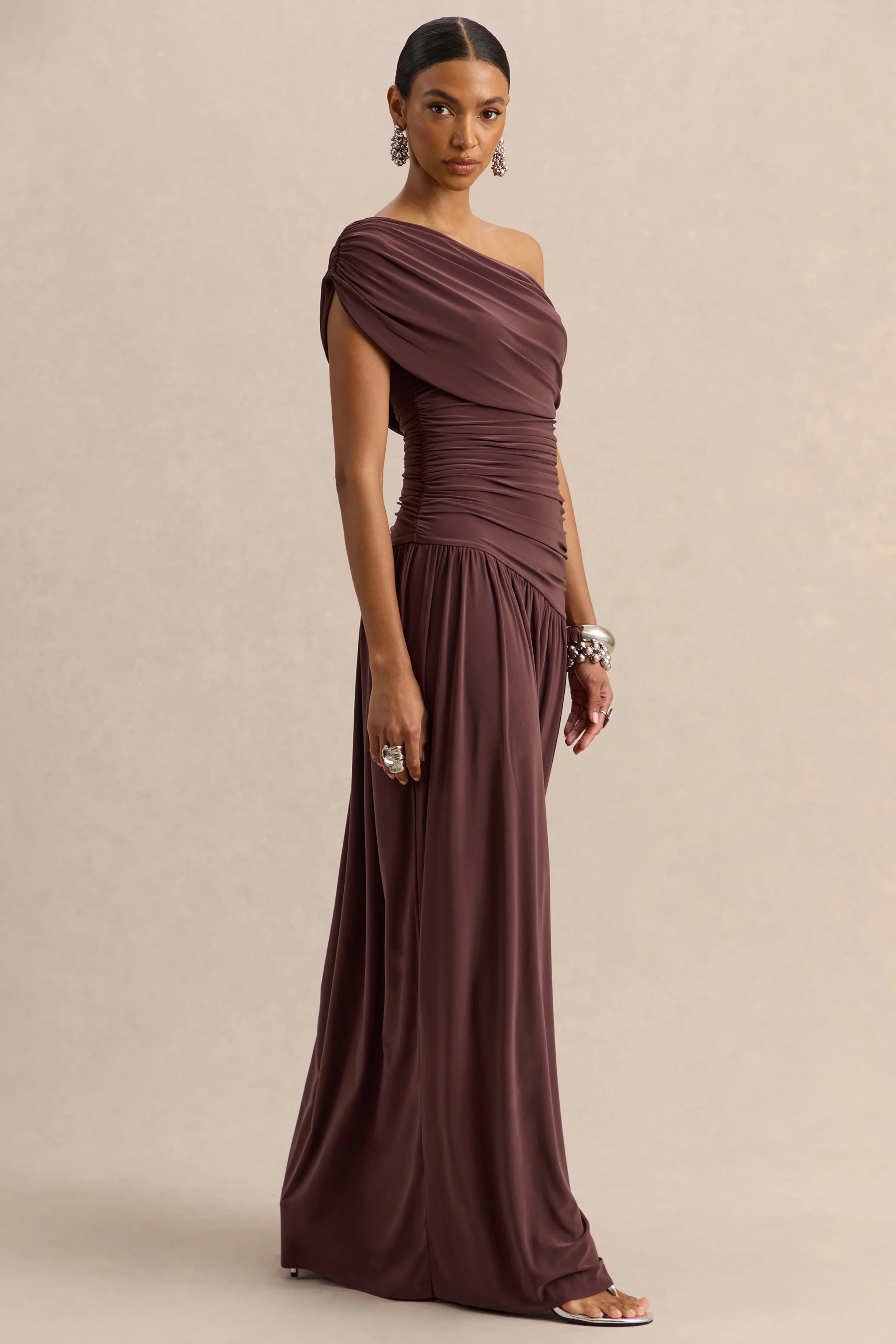 Emberly Brown Draped Asymmetric Neck Maxi Dress With Drop Waist