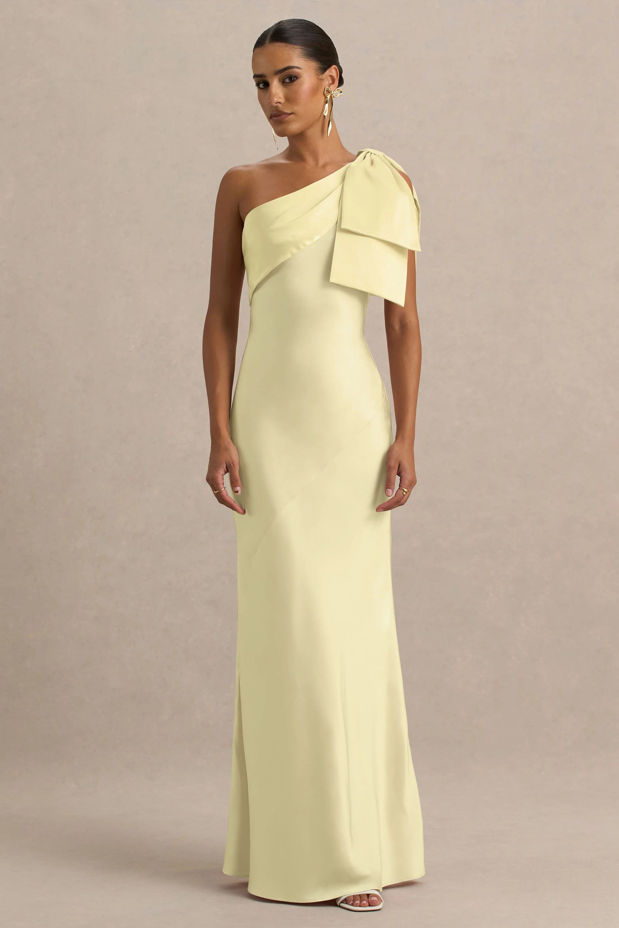 Valerie Lemon Satin Asymmetric Neck Maxi Dress With Bow Detail
