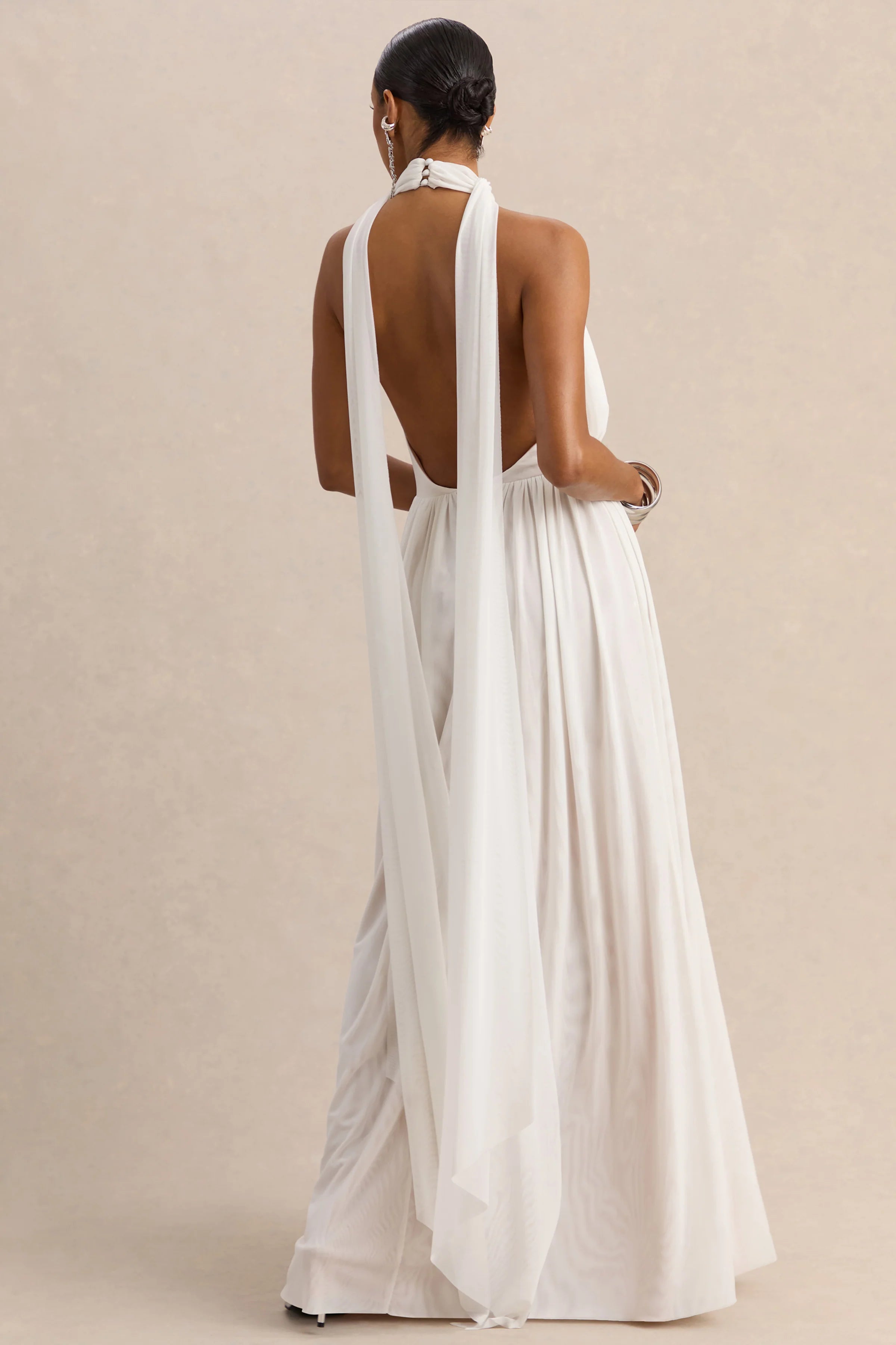 Rylina White Mesh Halter Neck Maxi Dress With Scarf And Open Back