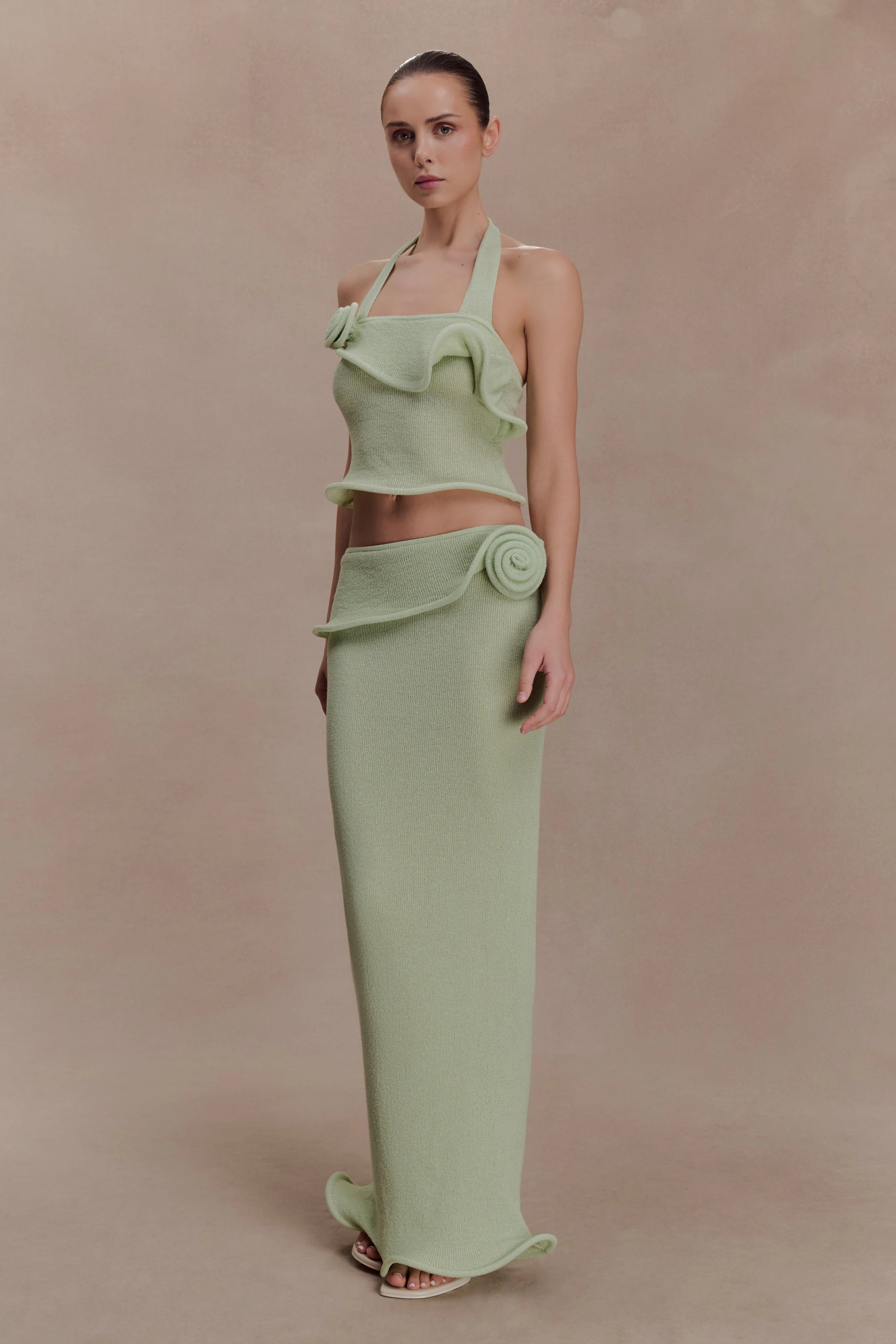 Samira Halter Knit Twist Top Pastel Green