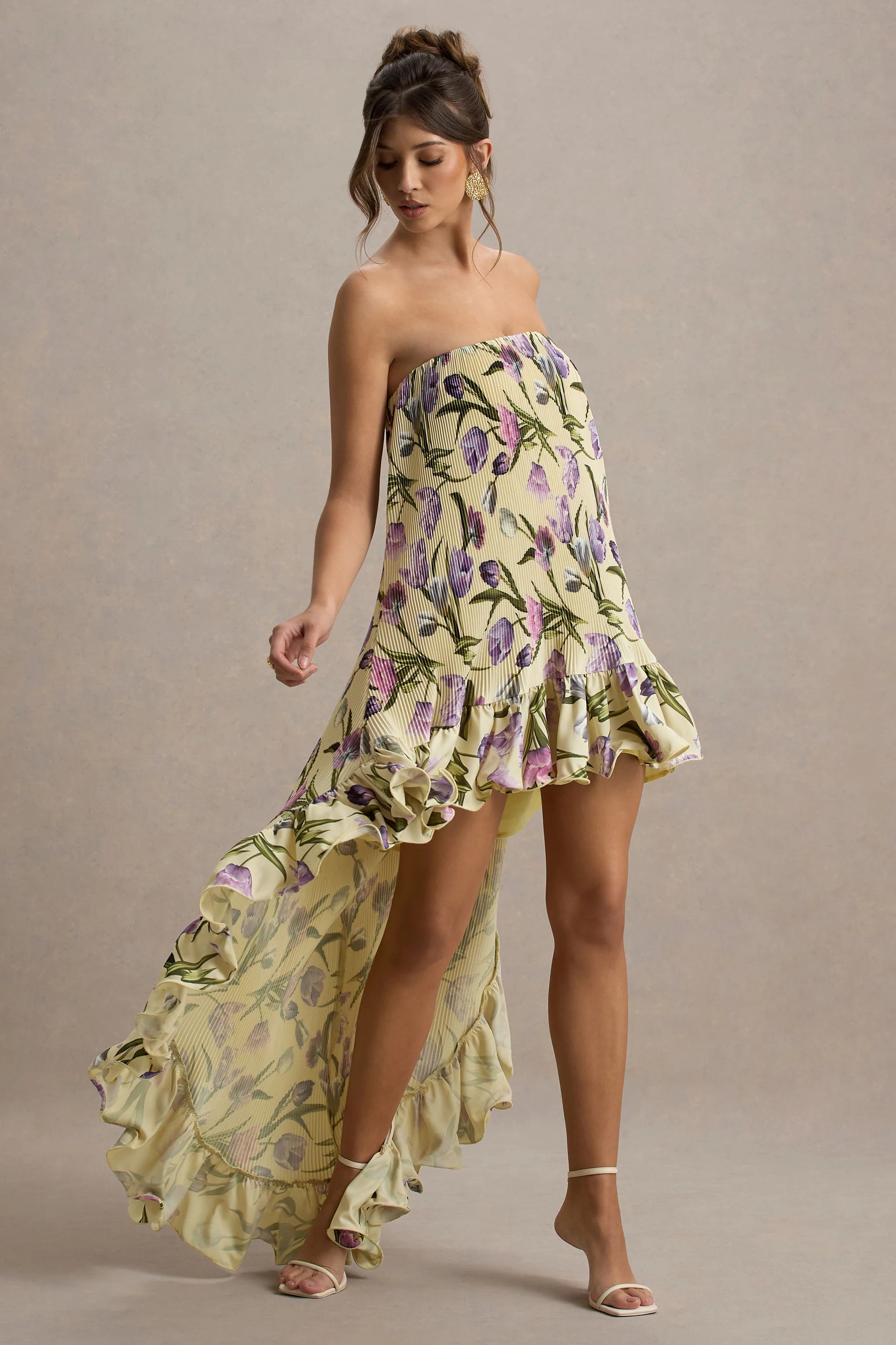 Whistler Tulip Floral Print Chiffon Bandeau High Low Ruffled Maxi Dress