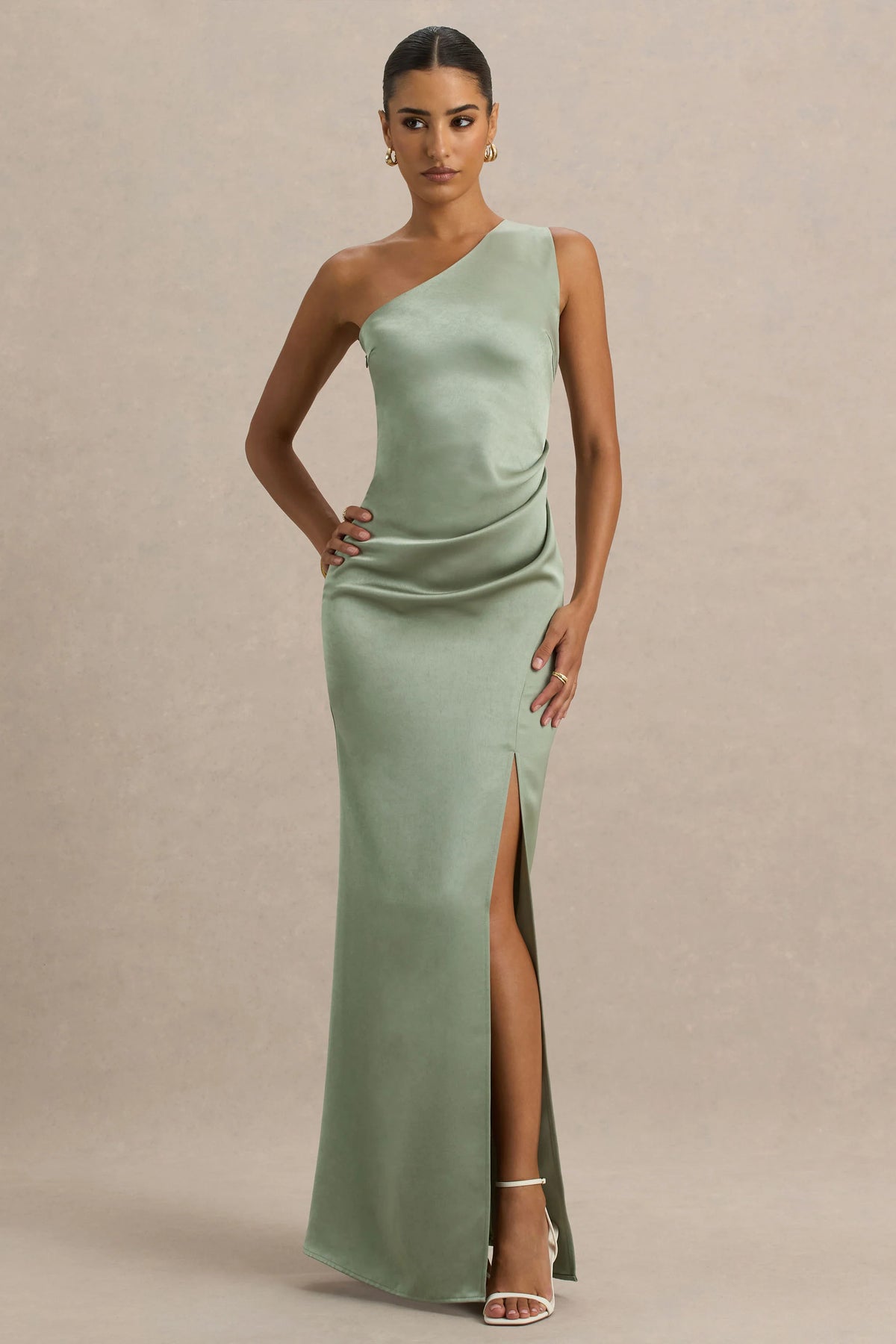 Beth Sage Asymmetric Neckline High Split Maxi Dress