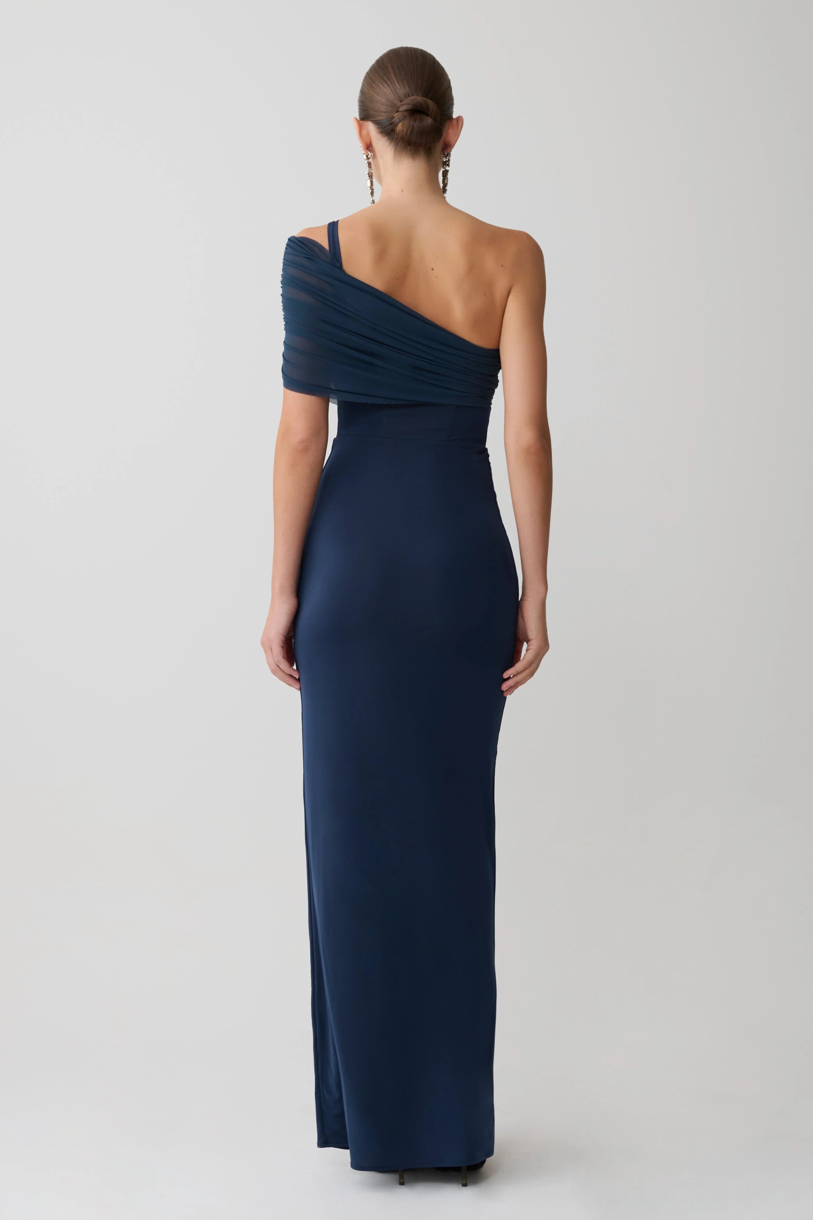 Hanh One Shoulder Mesh Maxi Dress Ink Blue