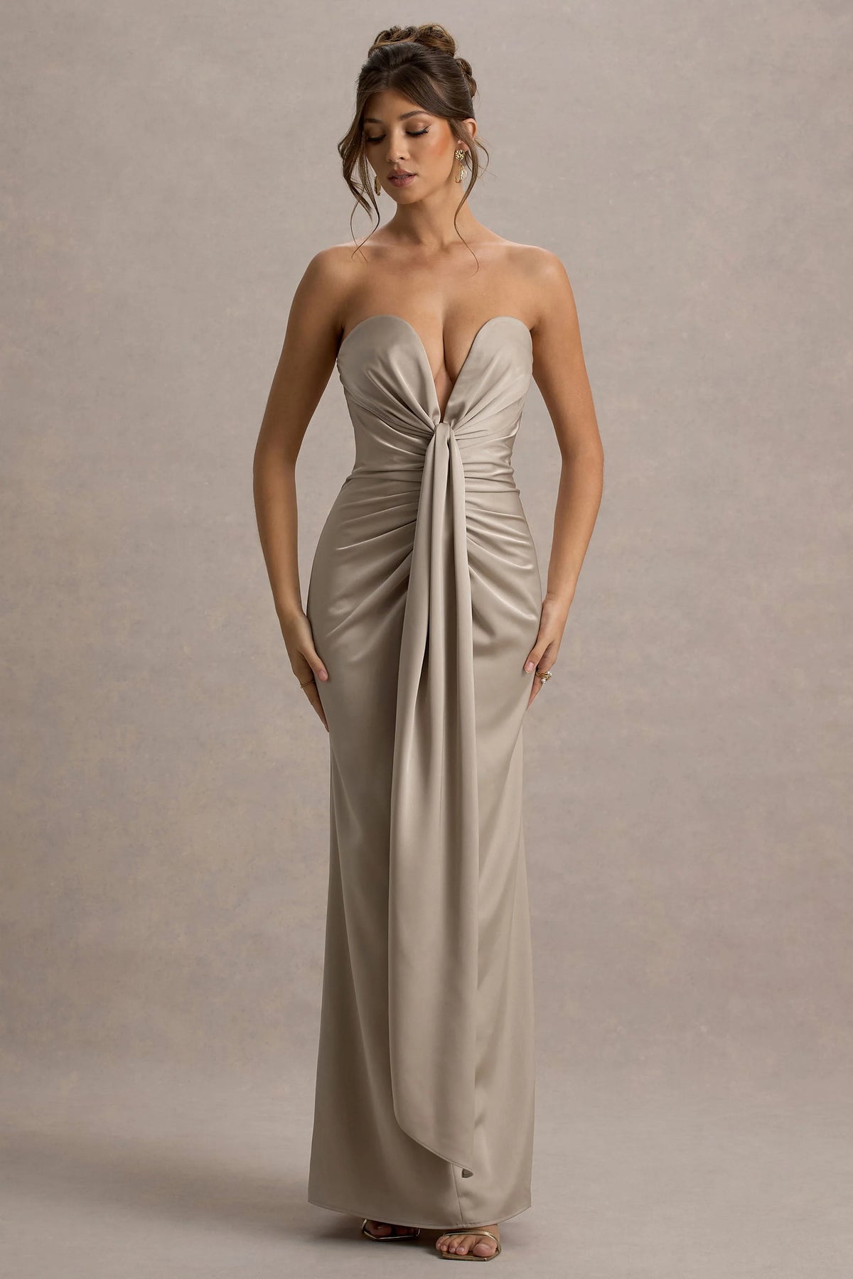 Mackenzie Champagne Satin Plunge Neck Draped Maxi Dress