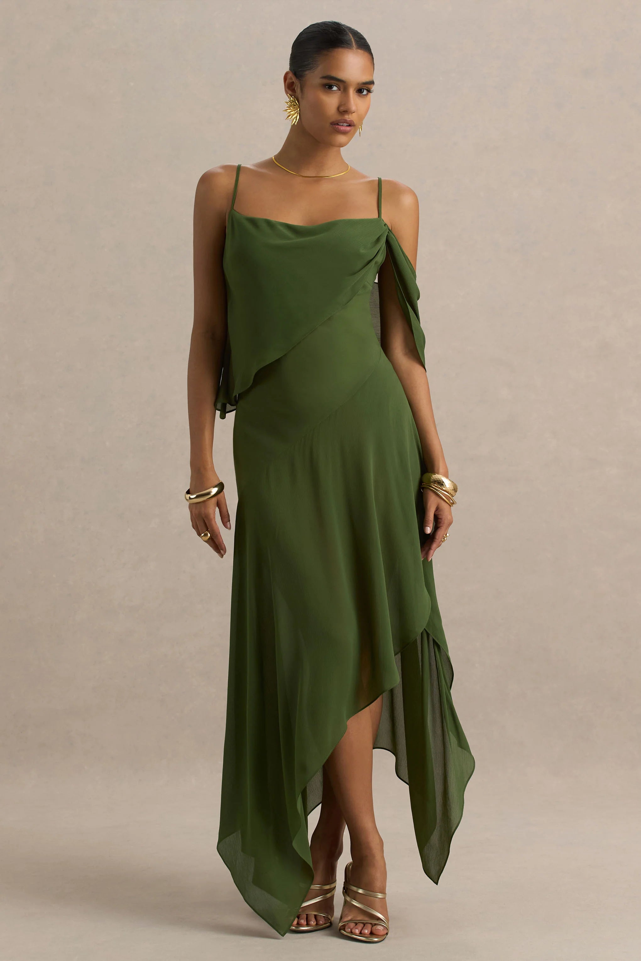 Tiara Green Asymmetric Midi Dress With Draping Detailing and Open Back