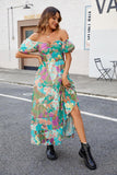 Women Floral Maxi Dress Short Puff Sleeve V Neck Bohemian Flowy Dress Smocked Casual Spring Summer Dresses
