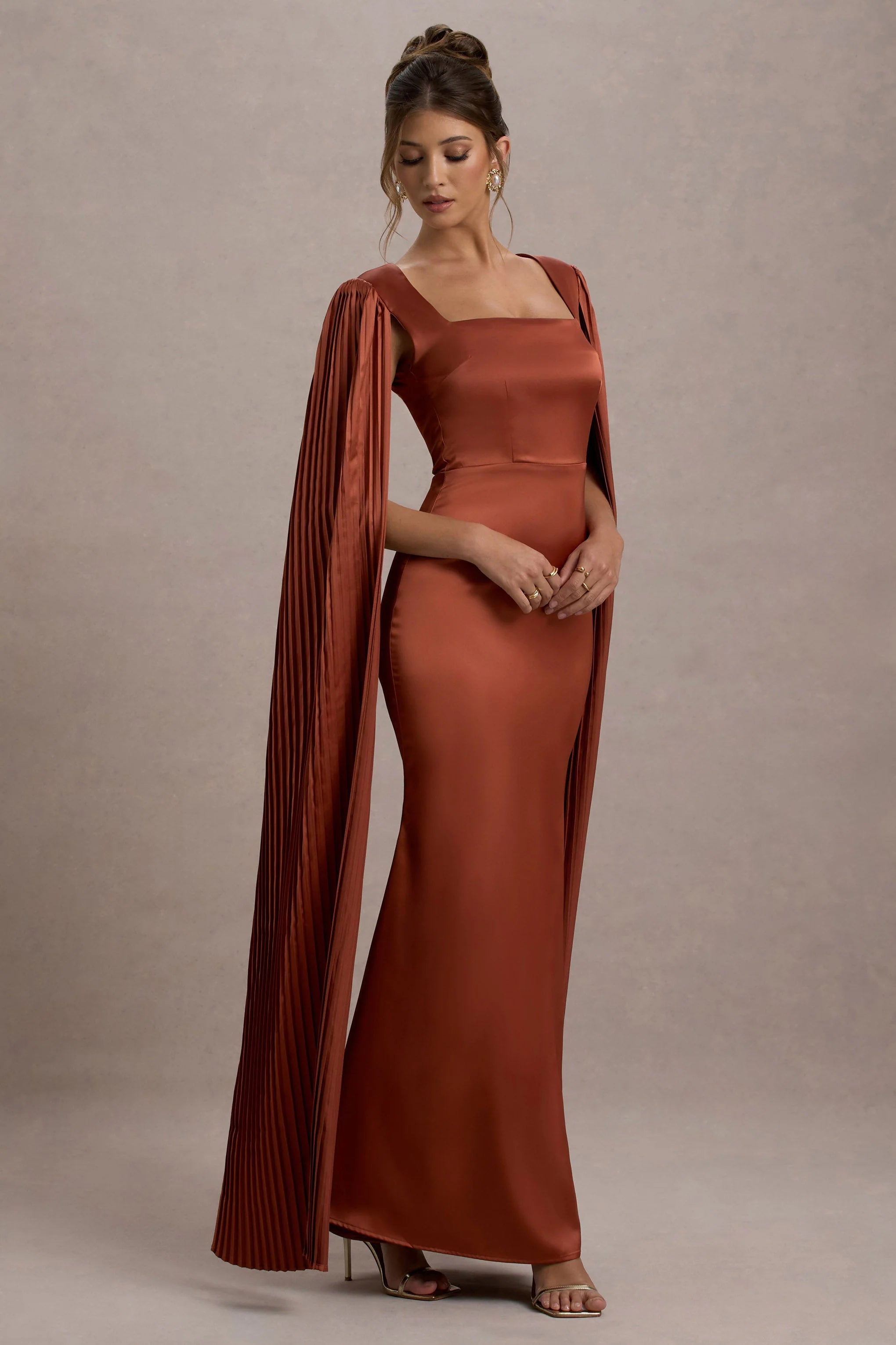 Saloma Rust Satin Square Neck Maxi Dress With Cape Sleeves