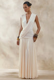 Glorina Cream Plunge Neck Maxi Dress With Draped Detailing