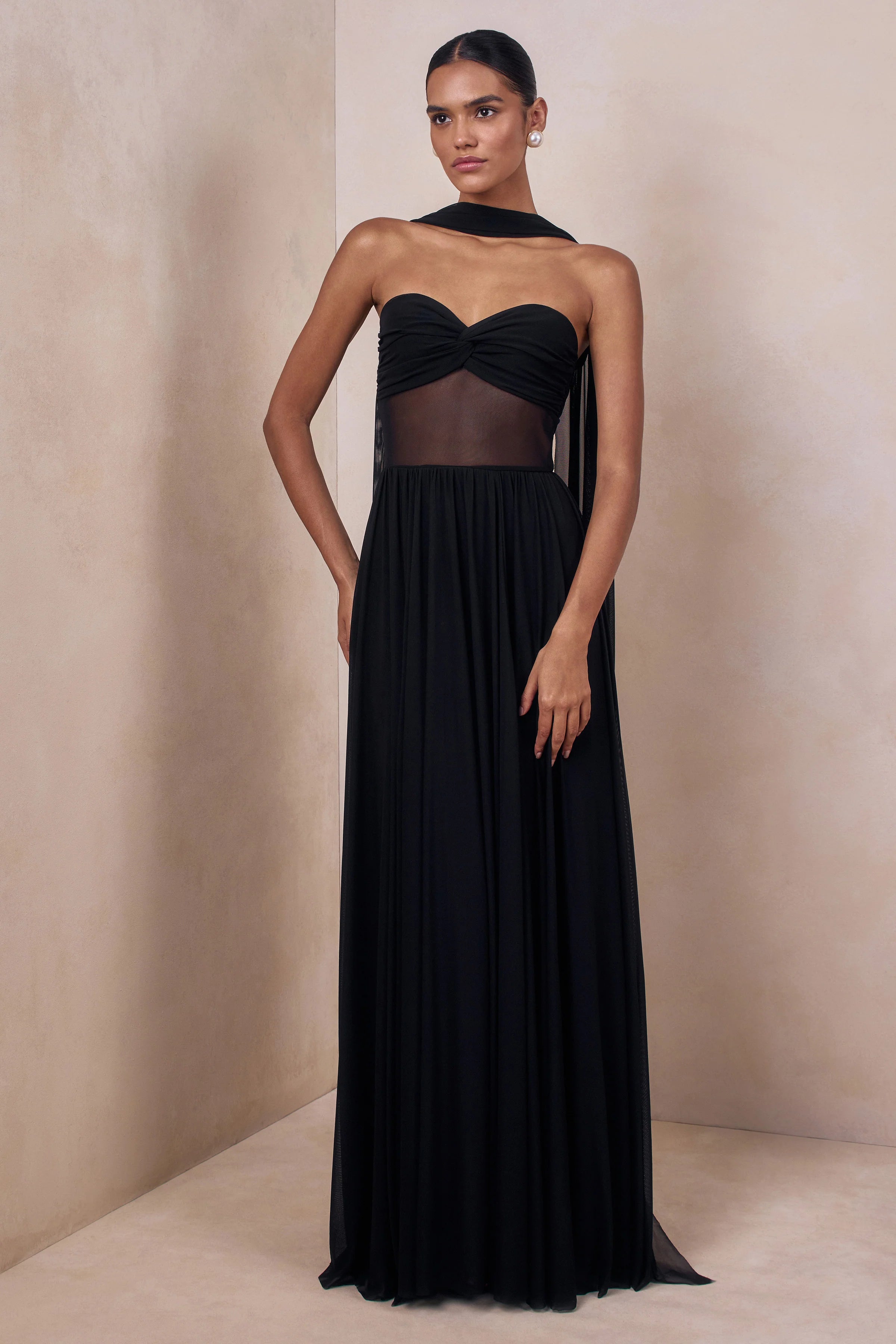 Lyvoria Black Bandeau Maxi Dress With Mesh Detail And Scarf