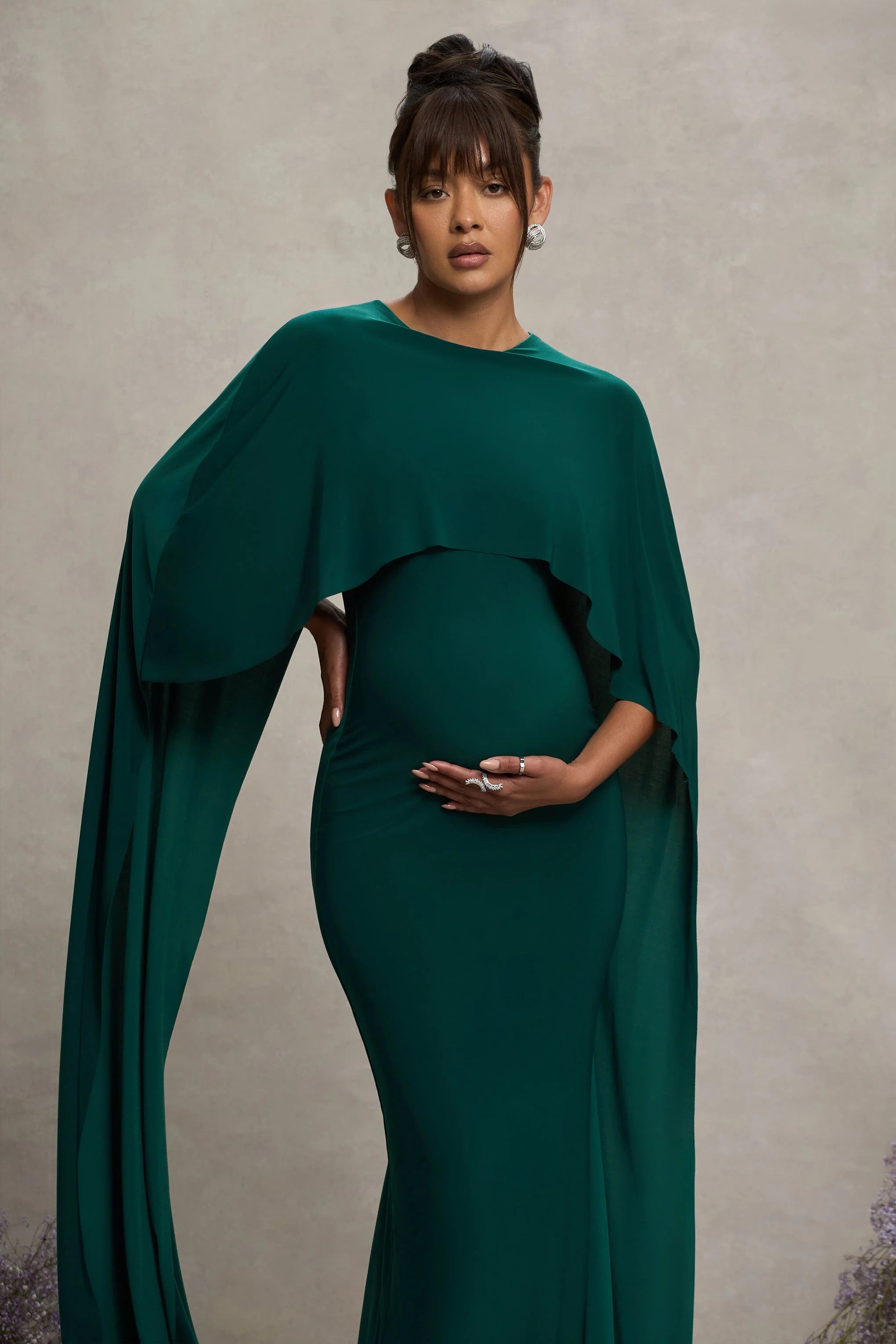 Padma Bottle Green Draped Maternity Maxi Dress With Cape Sleeves