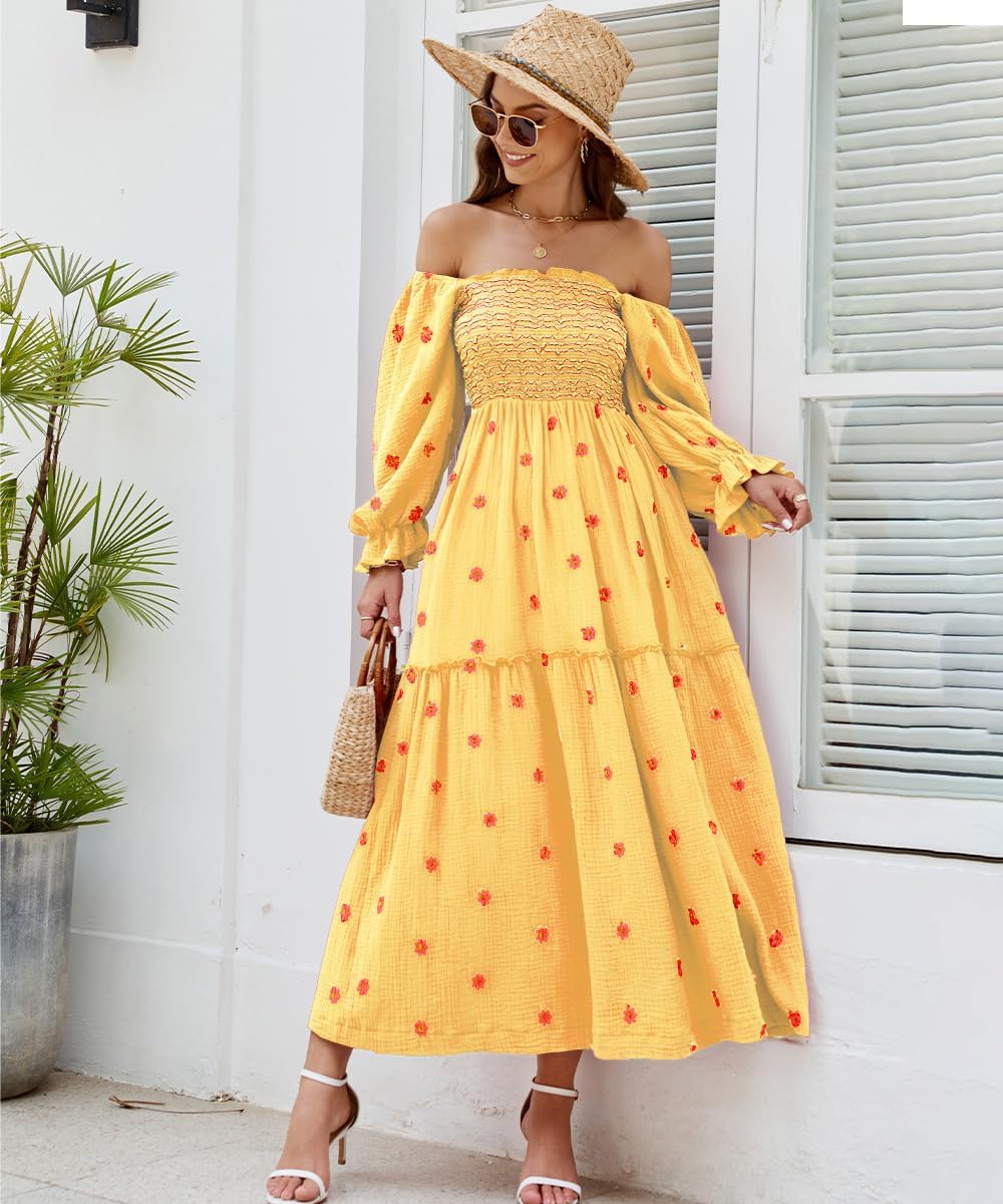 Women Floral Embroidered Maxi Dress Long Puff Sleeve Square Neck Bohemian Flowy Dress with Pockets Summer Fall