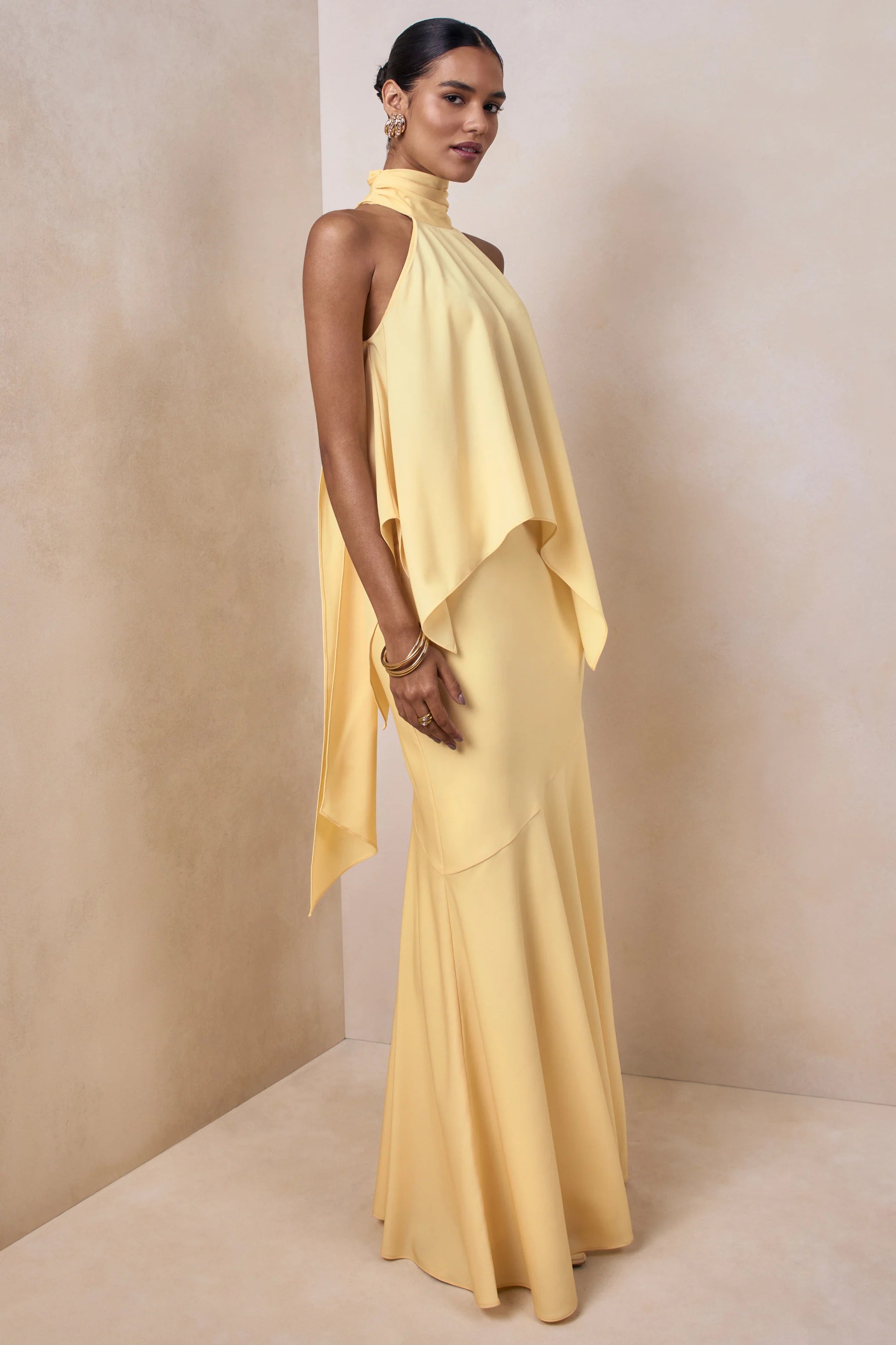 Vayla Lemon Matte Satin Asymmetric Drop Waist Maxi Skirt