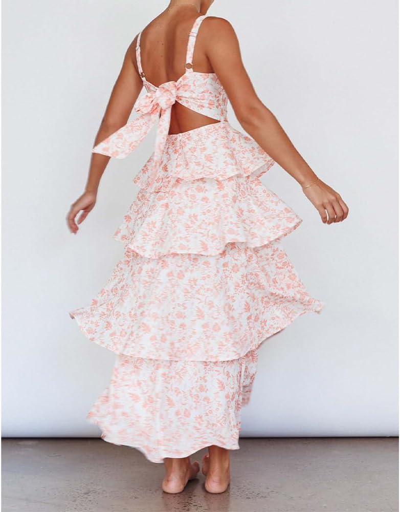 Women Floral Maxi Dress Sleeveless Bow Back Tiered Boho Flowy Long Dresses Summer Fall