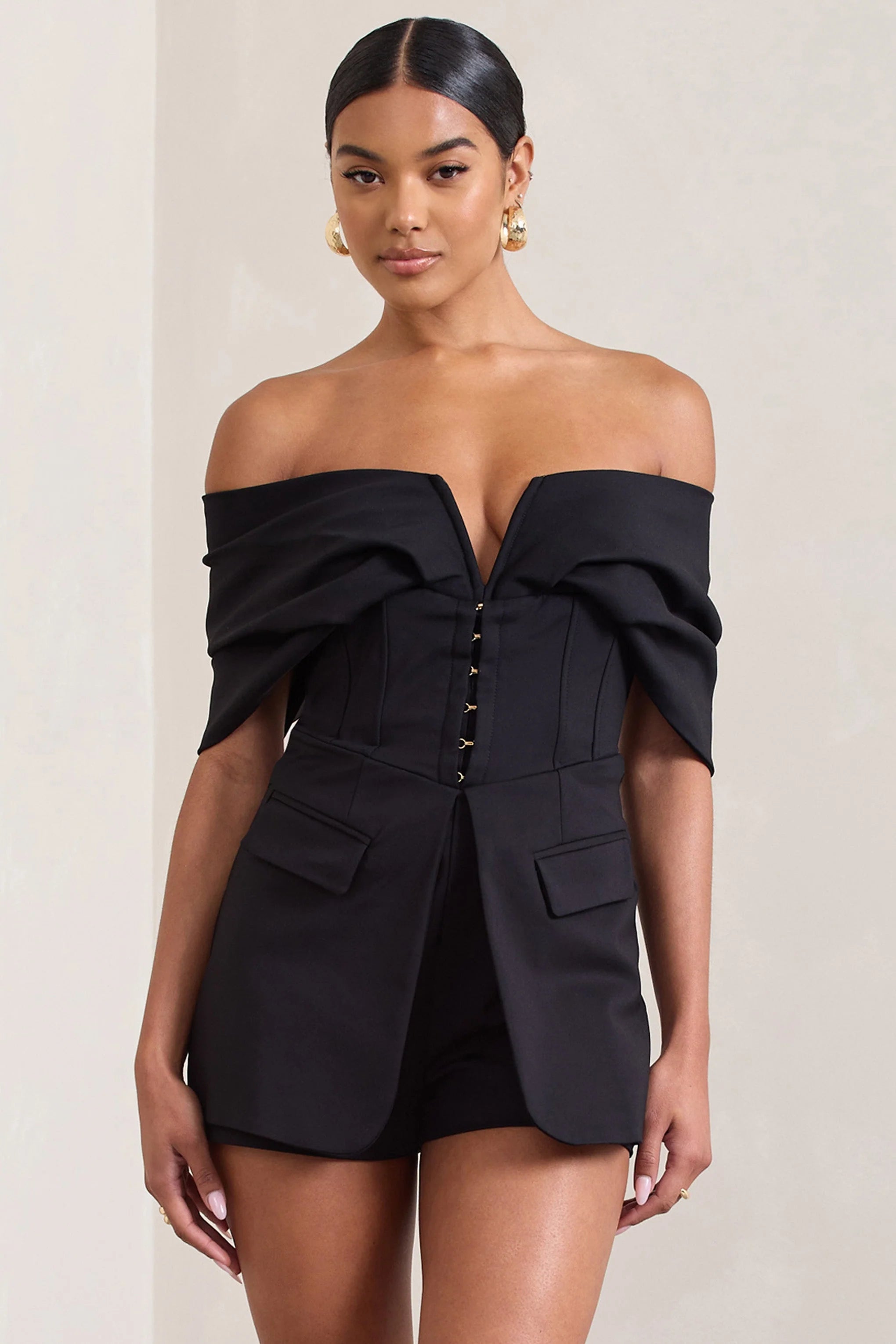 Damsel Black Cotton Blend Corset Bardot Playsuit