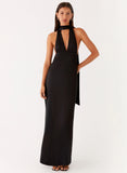 Alicia Satin Halter Maxi Dress Black