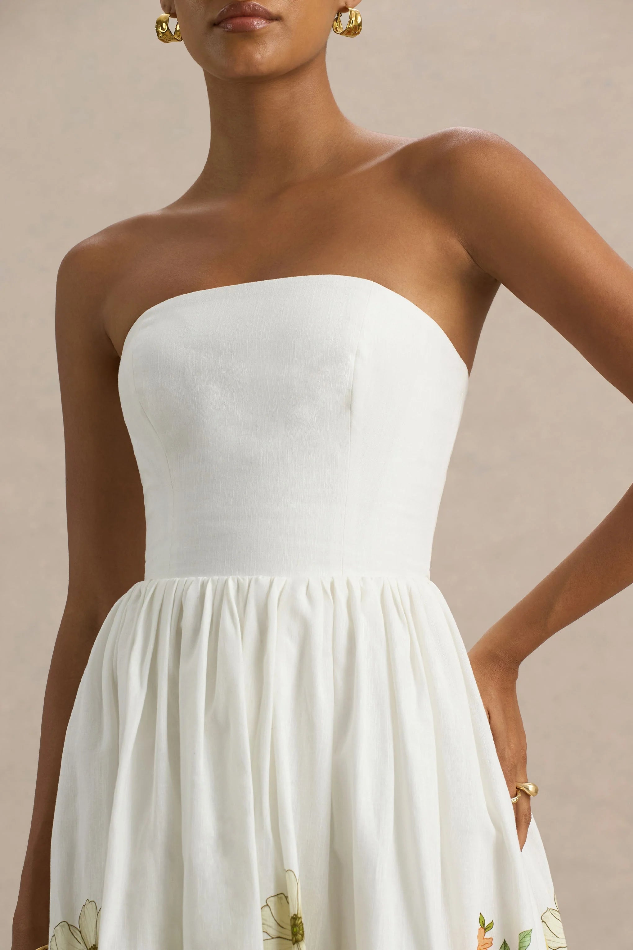 Ivory Sunflower Print Bandeau High Low Midi Dress