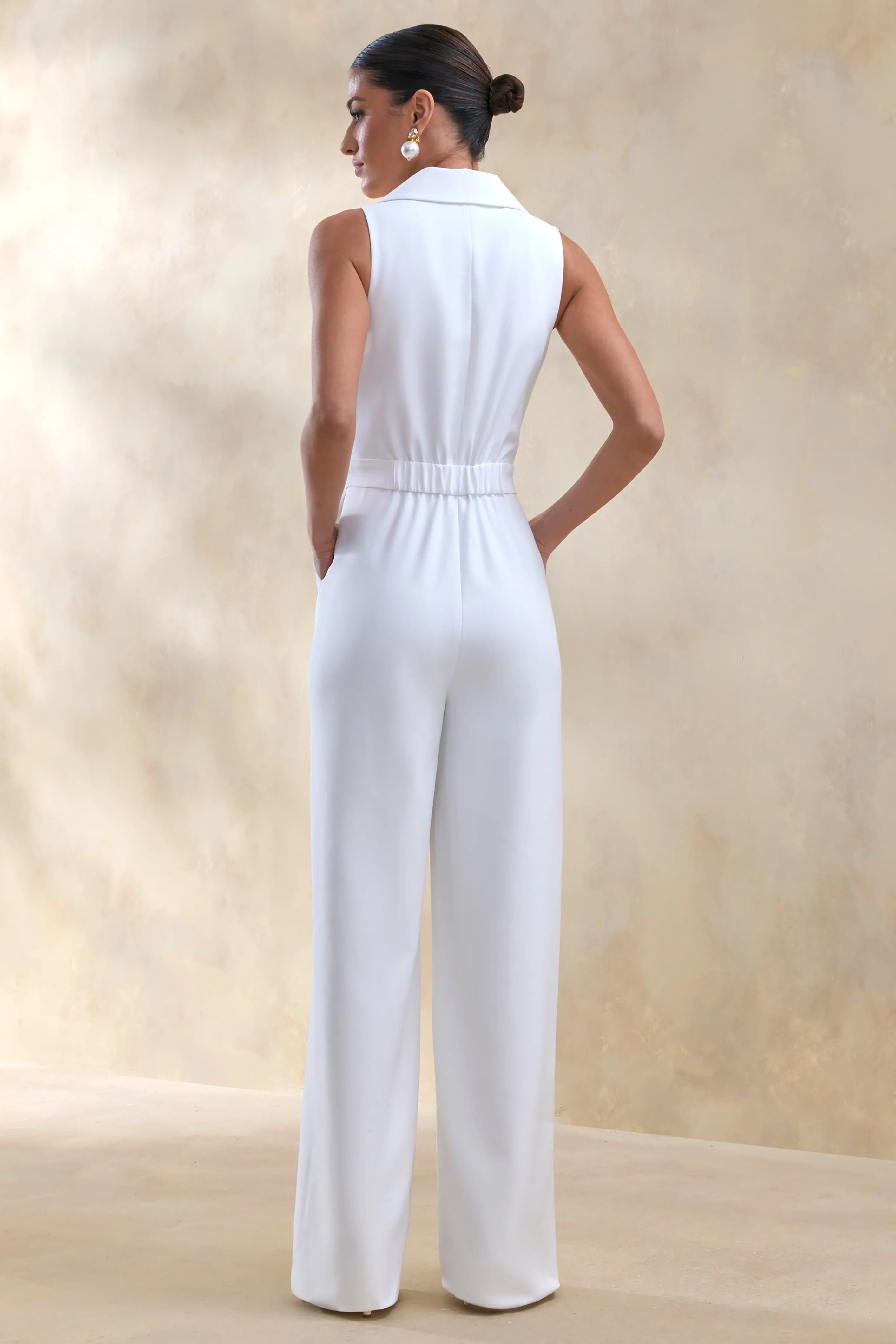 Brillora White Plunge Neck Tailored Jumpsuit