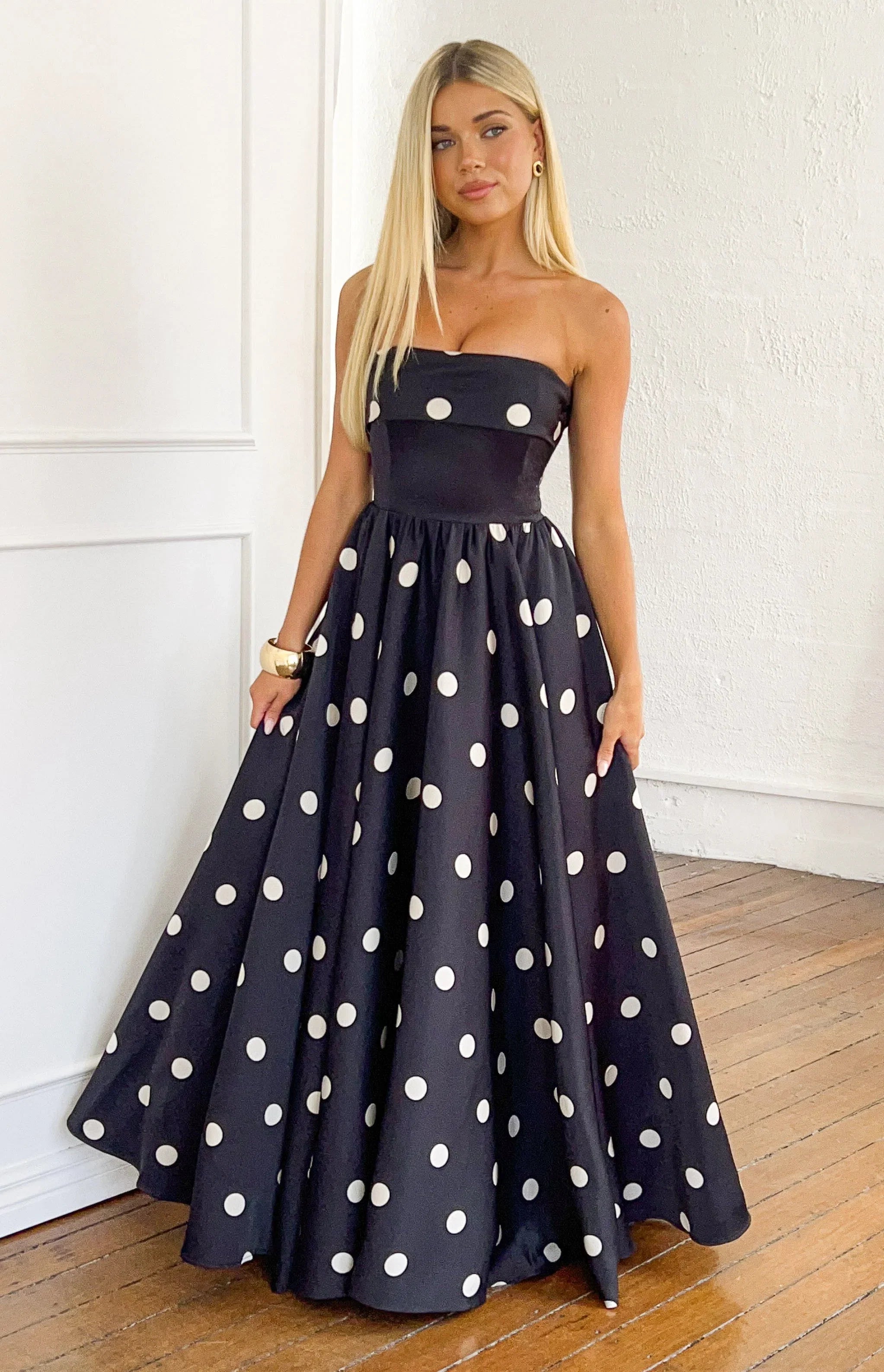 Julianne Strapless Polka Dot Satin Maxi Dress - PRE ORDER